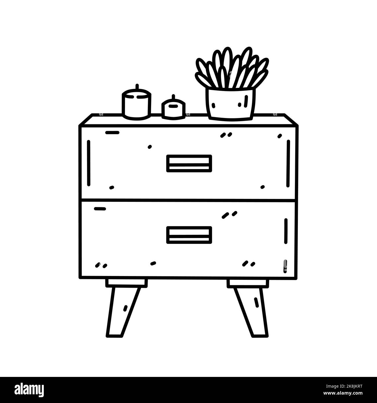 Grazioso comodino o comodino con candele e una pianta di casa. I mobili della camera da letto sono isolati su sfondo bianco. Disegno vettoriale a mano doodle illustrazione. Illustrazione Vettoriale Grazioso comodino o comodino con candele e una pianta di casa. I mobili della camera da letto sono isolati su sfondo bianco. Disegno vettoriale a mano doodle illustrazione. Illustrazione Vettoriale