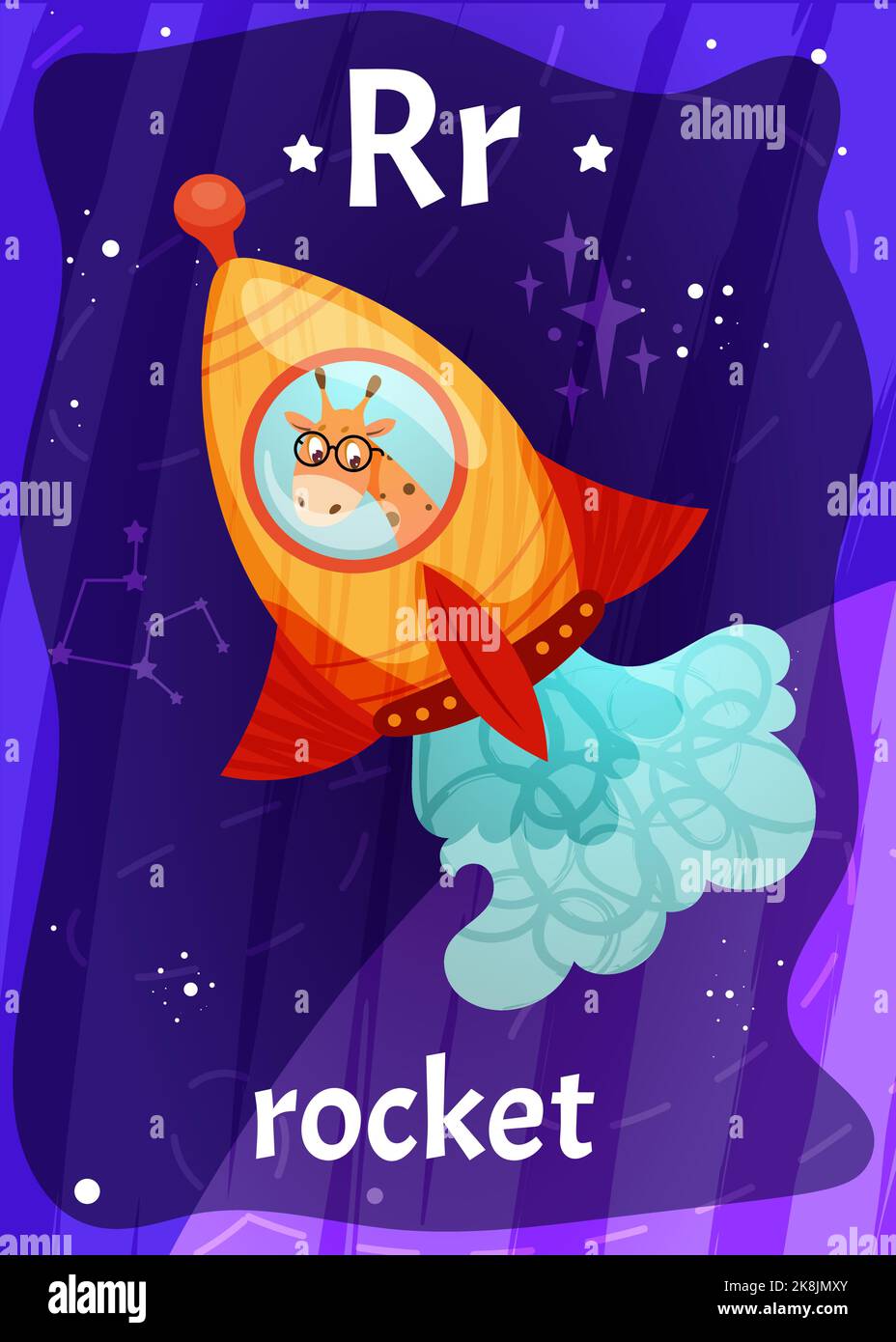 Carta alfabetica stampabile spazio flashcard con lettera R. Cartoon astronauta carino in razzo e parola inglese nome sulla scheda flash per l'istruzione dei bambini. Carte bambini per insegnare la lettura in prescolare, asilo Illustrazione Vettoriale