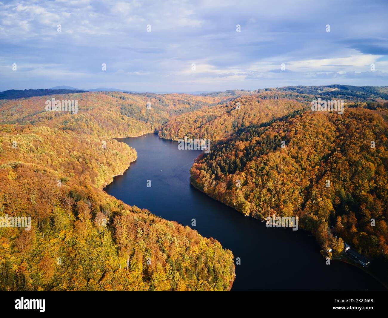 Vista aerea dall'alto di un incredibile paesaggio autunnale con montagne coperte di foresta e fiume. Splendido paesaggio naturale durante la stagione autunnale Foto Stock