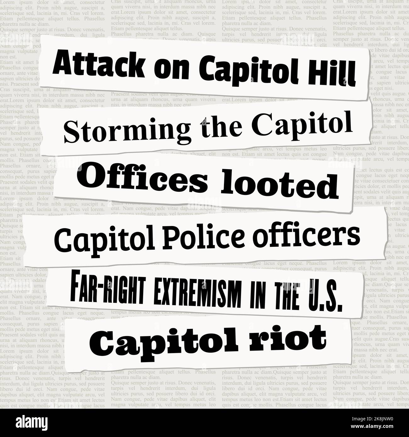 NOTIZIE di attacco del Campidoglio DEGLI STATI UNITI. Ritagli di giornale su Capitol Hill e la sommossa del Campidoglio. Illustrazione Vettoriale