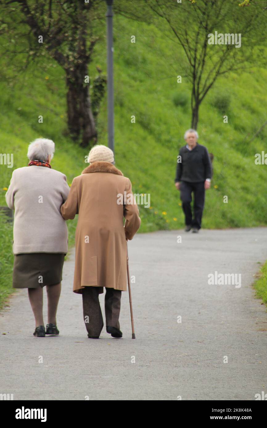 Una foto verticale di due donne anziane che camminano in un parco con un uomo anziano e alberi sullo sfondo sfocato Foto Stock
