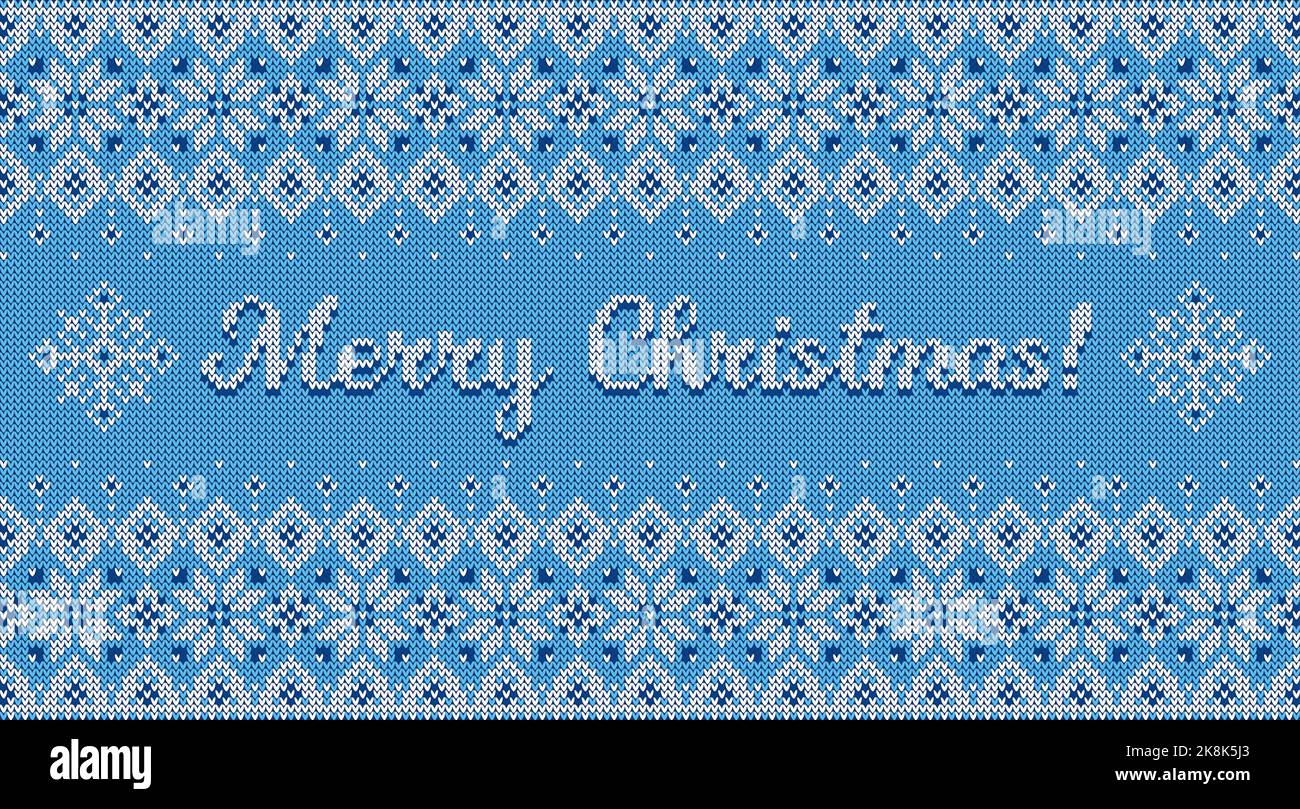 Buon banner di Natale con sfondo lavorato a maglia. Motivo maglione con ornamento scandinavo e testo di saluto. Scheda vettoriale orizzontale. Illustrazione Vettoriale