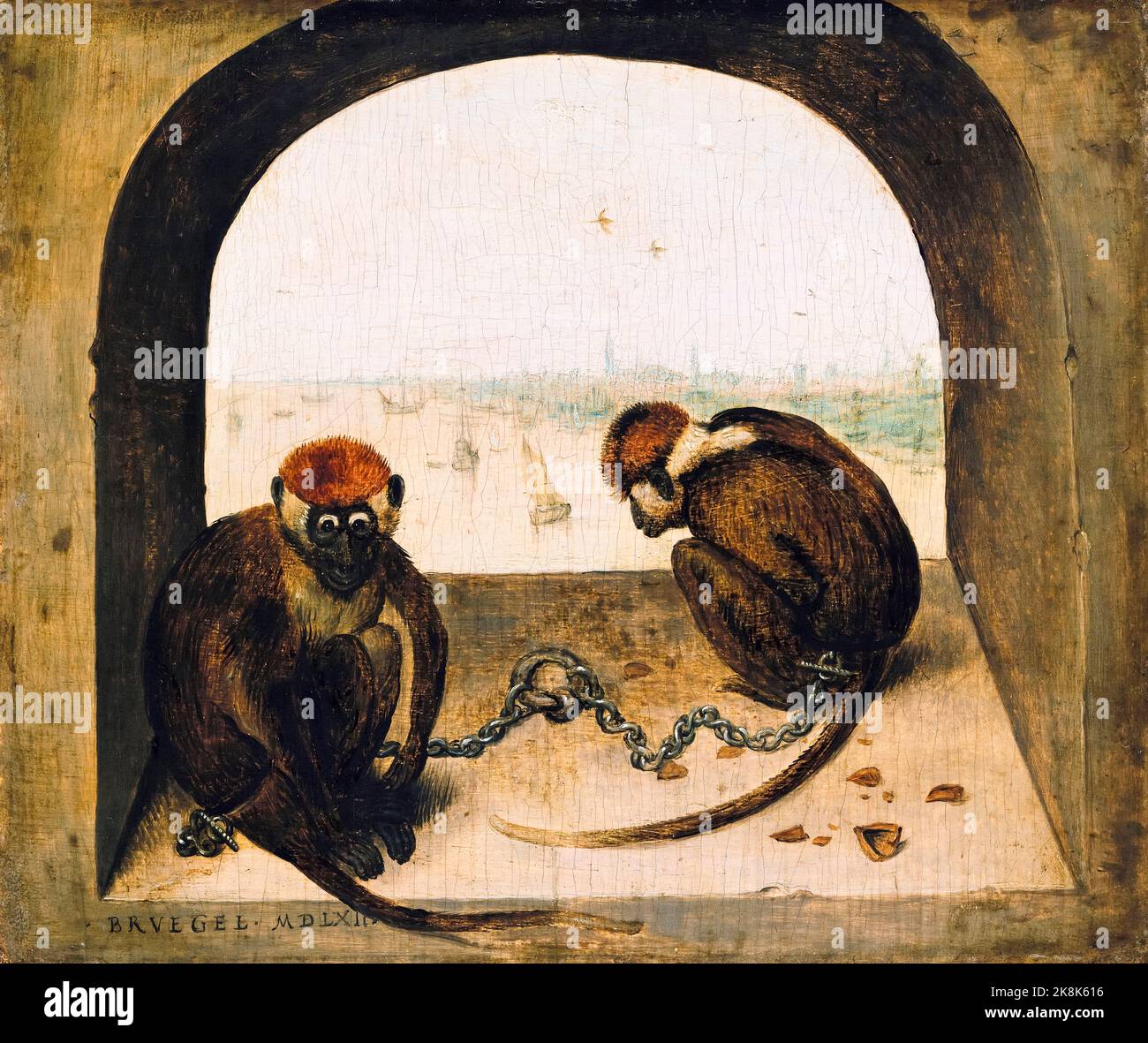 Pieter Brueghel il Vecchio, due scimmie incatenate, dipinto ad olio su pannello, 1562 Foto Stock