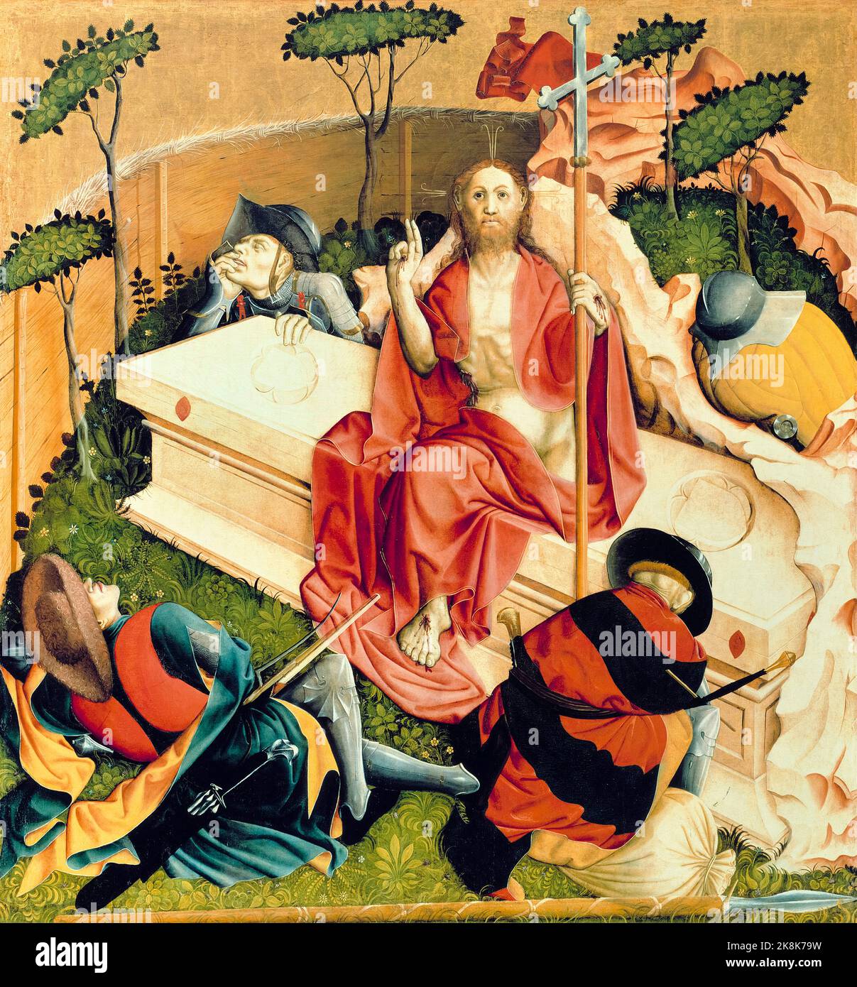 La risurrezione di Gesù Cristo: Le ali dell'altare di Wurzach, dipinto in olio su legno di Hans Multscher, 1437 Foto Stock