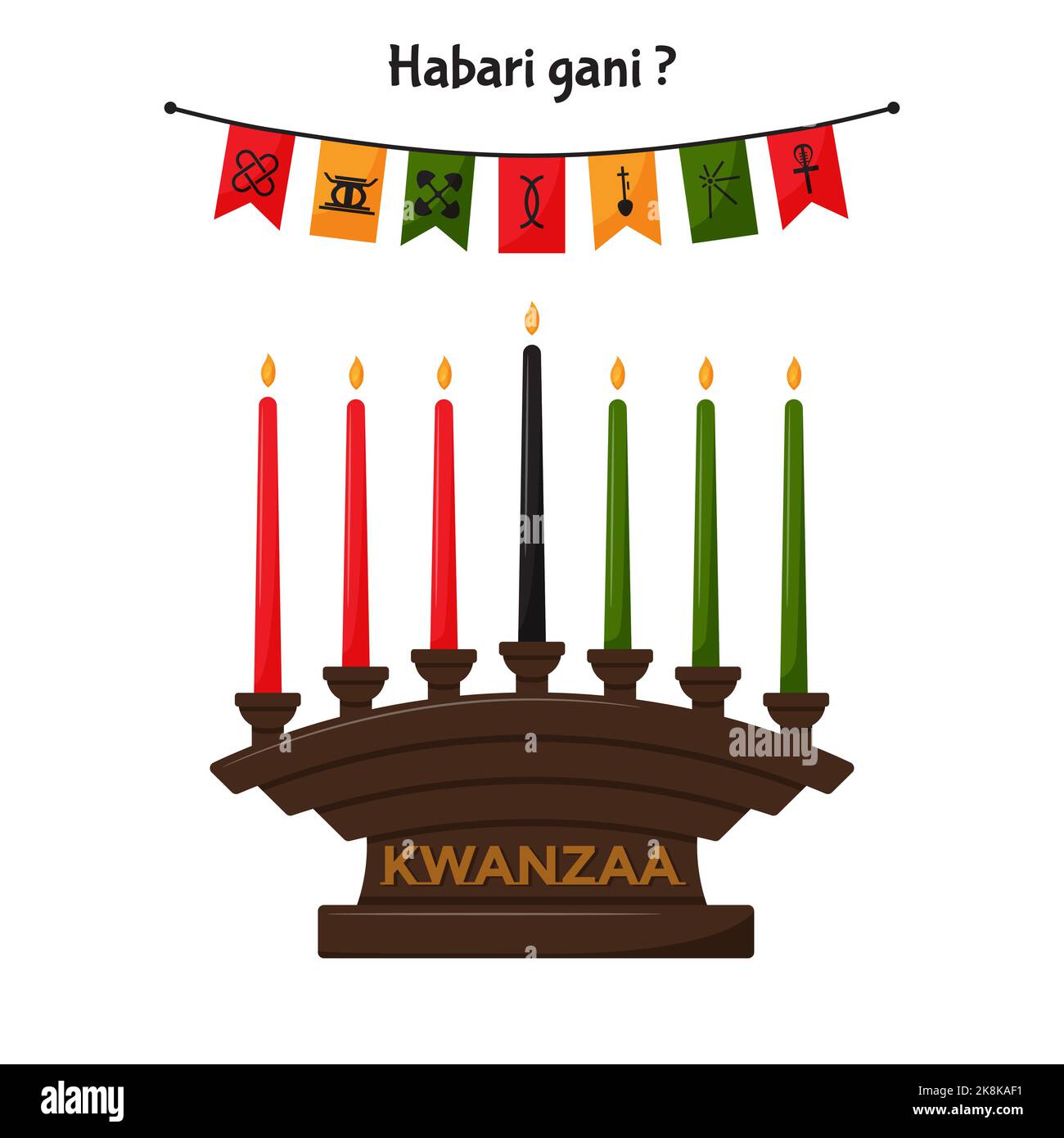 Kinara, un candelabro con 7 tradizionali candele Kwanzaa. Bandiere festive con simboli Kwanzaa. Habari Gani - Swahili Translation - Qual è la notizia. FL Illustrazione Vettoriale