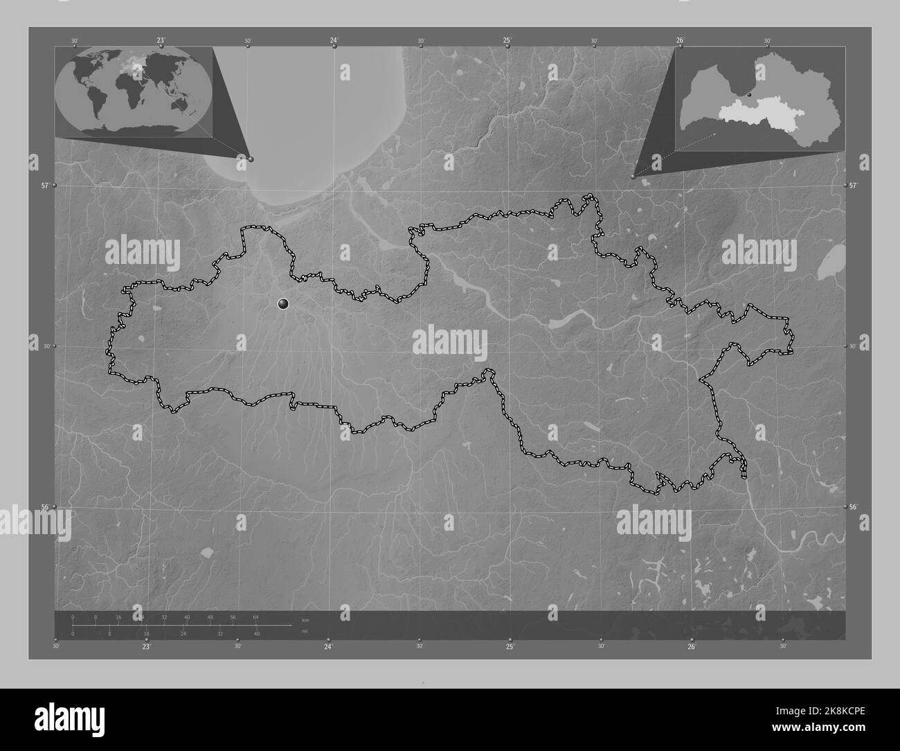 Zemgale, provincia di Lettonia. Mappa in scala di grigi con laghi e fiumi. Mappe delle posizioni ausiliarie degli angoli Foto Stock