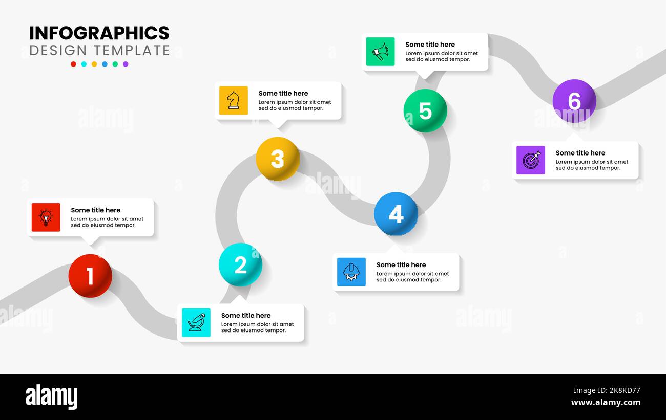Modello infografico con icone e 6 opzioni o passaggi. Linea. Può essere utilizzato per il layout del flusso di lavoro, il diagramma, il banner, il webdesign. Illustrazione vettoriale Illustrazione Vettoriale