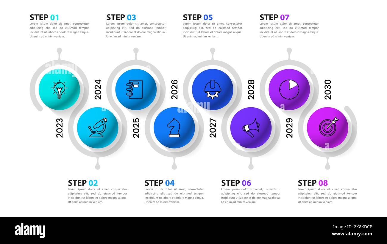 Modello infografico con icone e 8 opzioni o passaggi. Timeline. Può essere utilizzato per il layout del flusso di lavoro, il diagramma, il banner, il webdesign. Illustrazione vettoriale Illustrazione Vettoriale