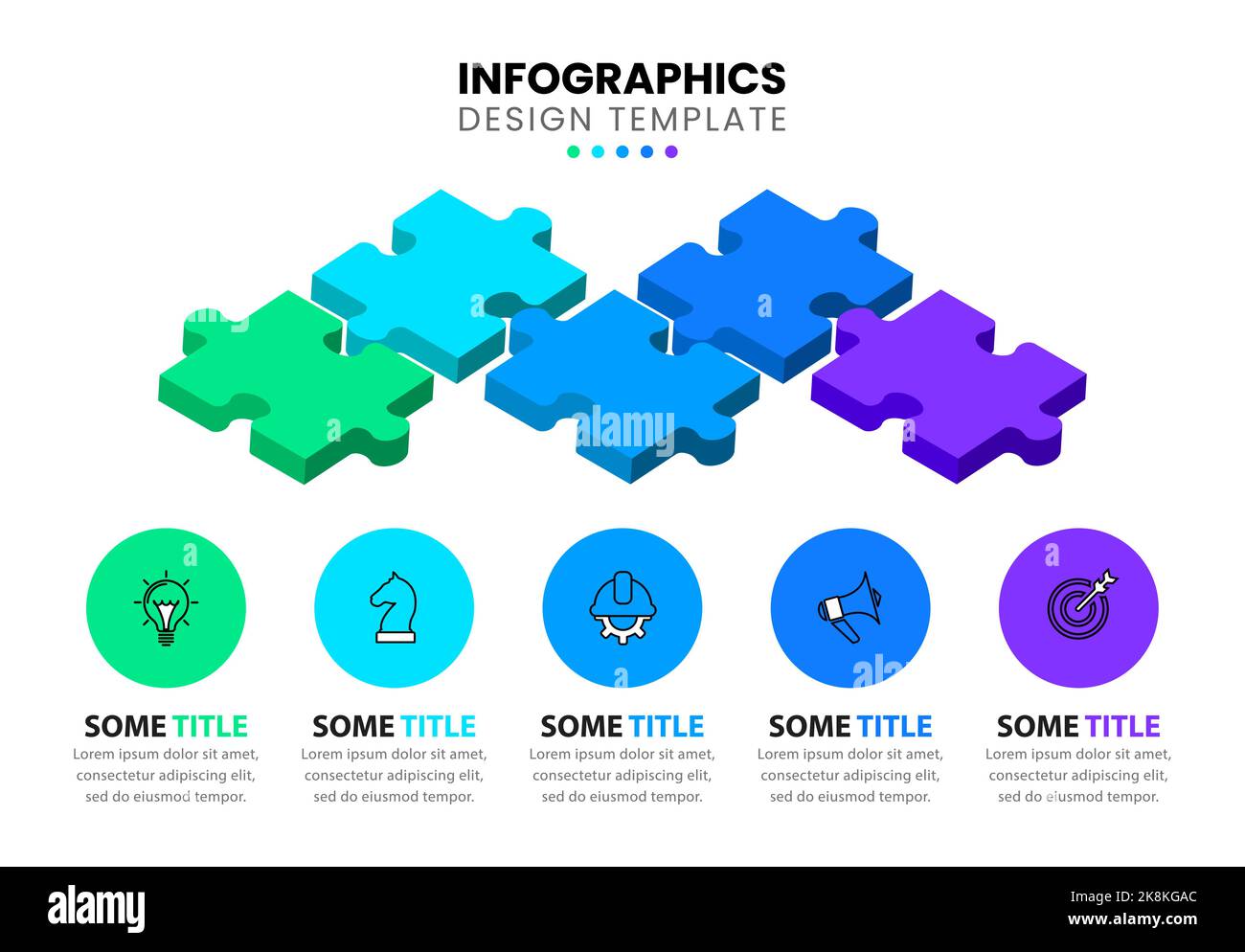 Modello infografico con icone e 5 opzioni o passaggi. Puzzle. Può essere utilizzato per il layout del flusso di lavoro, il diagramma, il banner, il webdesign. Illustrazione vettoriale Illustrazione Vettoriale