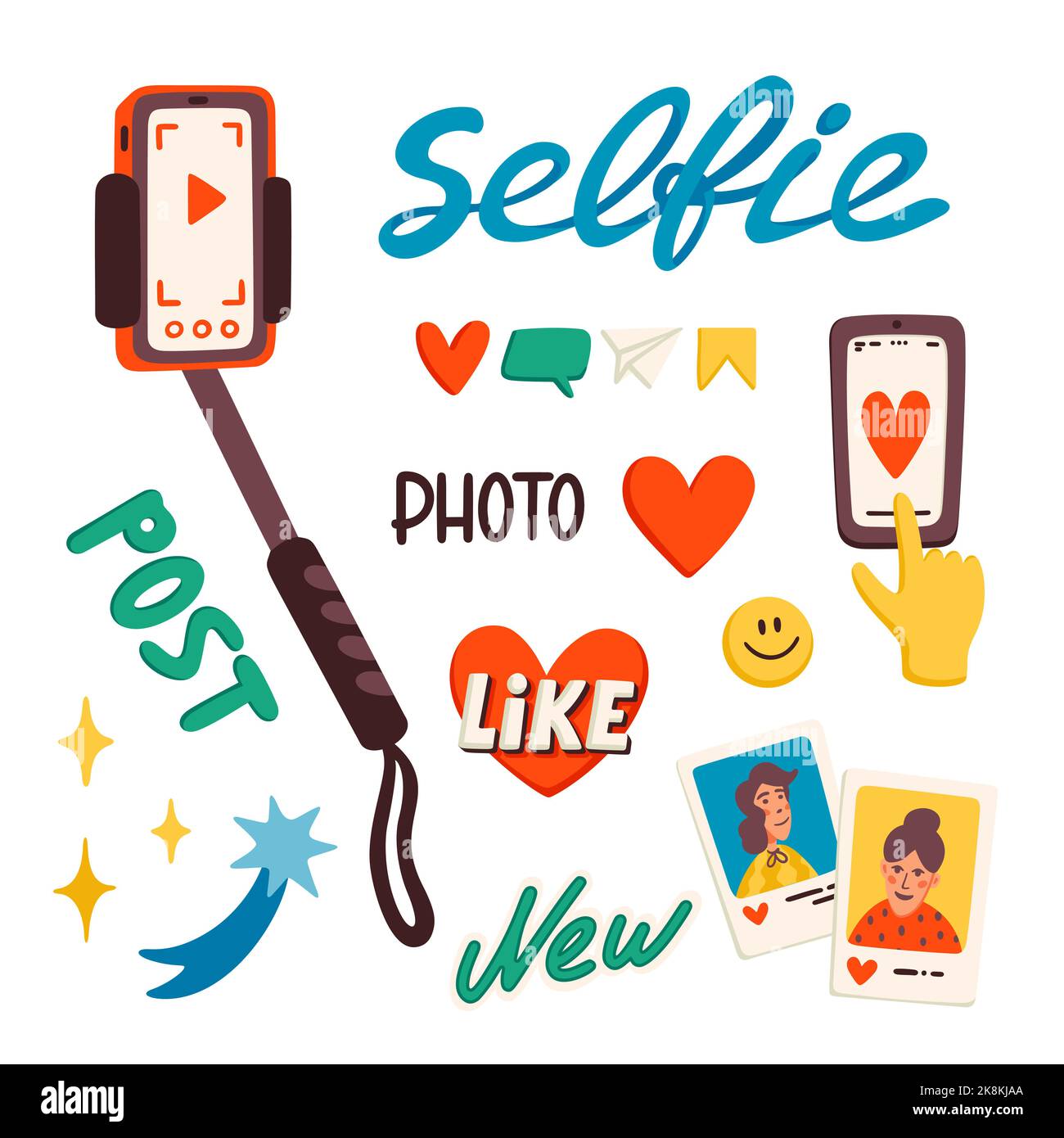 Selfie stick, e adesivi per fare un blog o vlog vettore illustrazione. Icone di cartone animato per rendere l'illustrazione piatta del vettore del soddisfare del Internet. Illustrazione Vettoriale