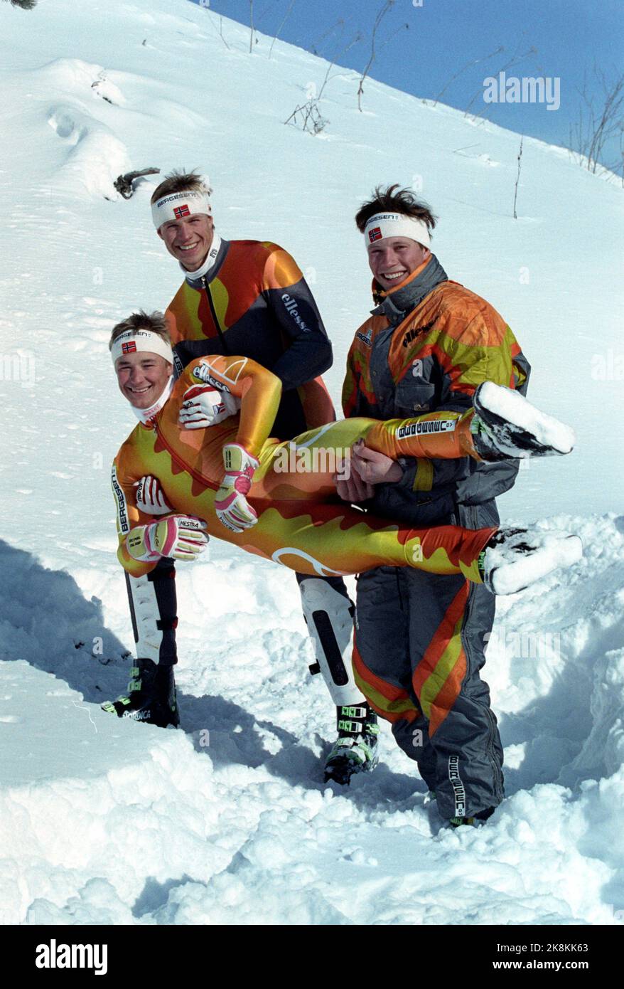 Sestriere, Italia 19901210. Da: Kjetil André Aamodt, Ole KR. Furuseth e Lasse Kjus. Foto: Calle Tørnstrøm / NTBSCANPIX Foto Stock