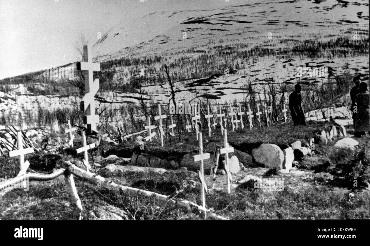 Tombe russe su Saltfjellet 1945. Gravatore di prigionieri sovietici che sedevano nei campi tedeschi in Norvegia. Foto: Novosti / NTB Foto Stock