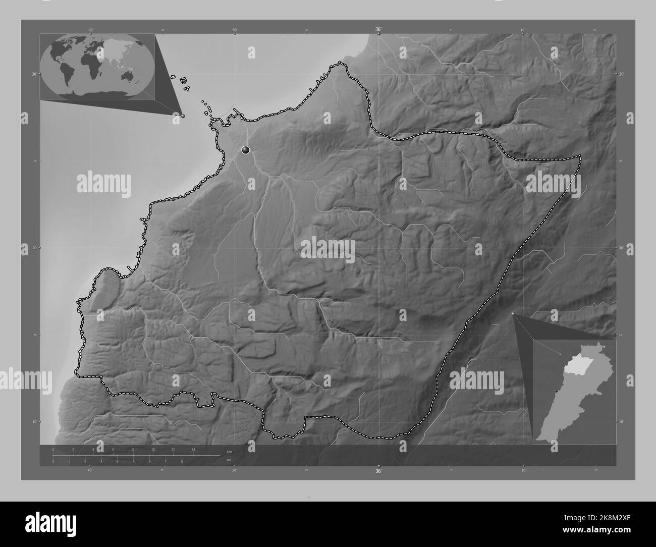 Nord, governatorato del Libano. Mappa in scala di grigi con laghi e fiumi. Mappe delle posizioni ausiliarie degli angoli Foto Stock