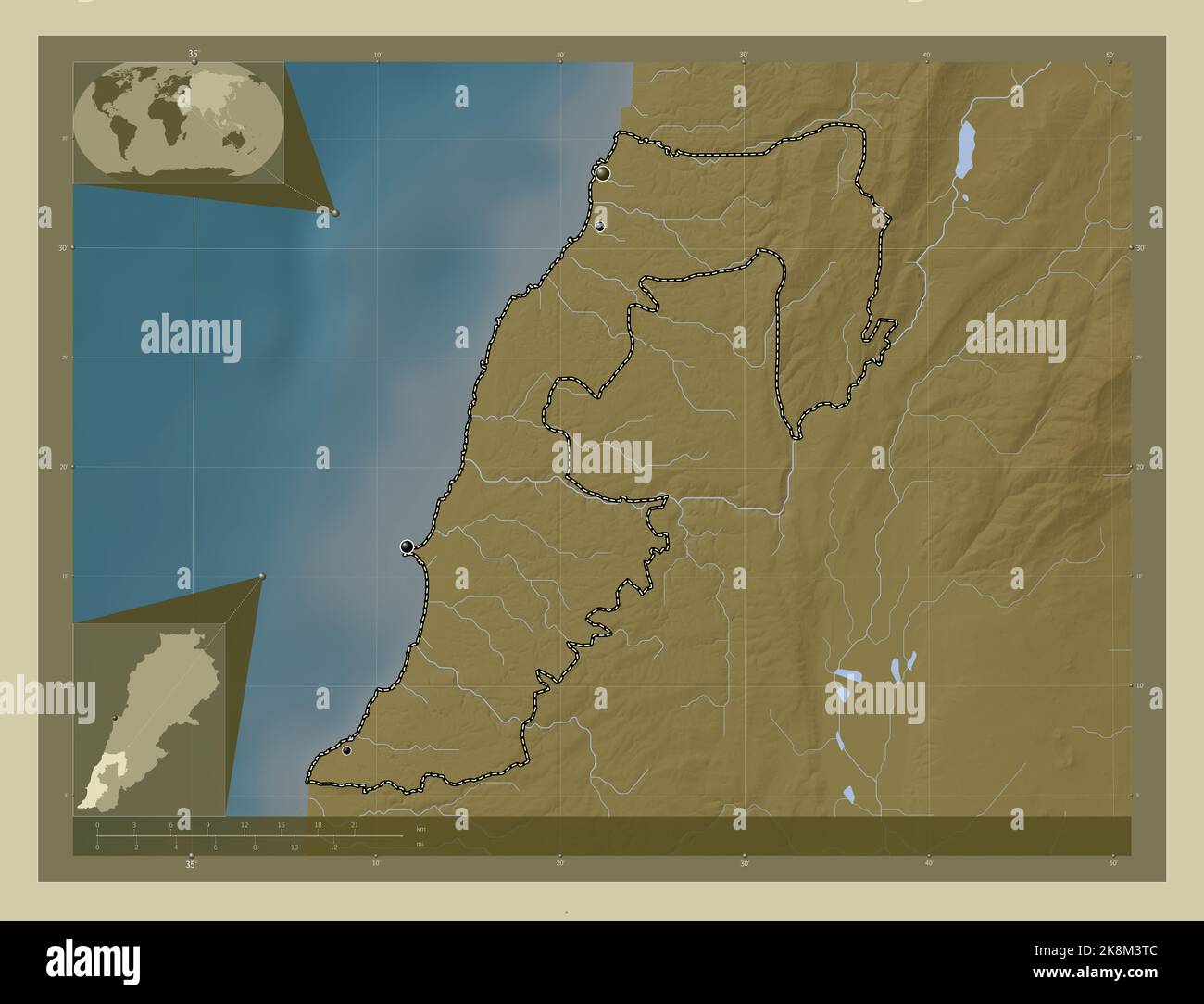 Sud, governatorato del Libano. Mappa dell'altitudine colorata in stile