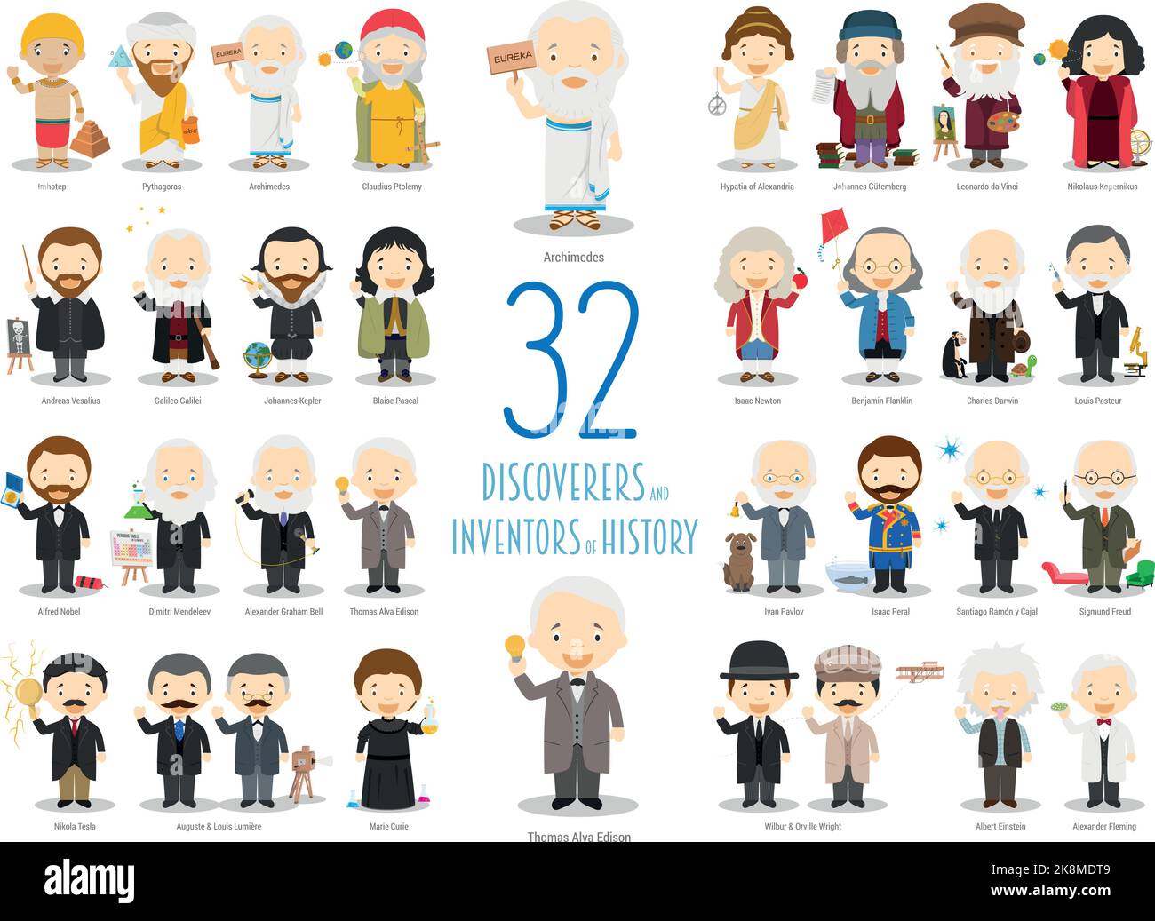 Kids Vector Characters Collection: Set di 32 grandi scopritori e inventori di storia in stile cartoon. Illustrazione Vettoriale