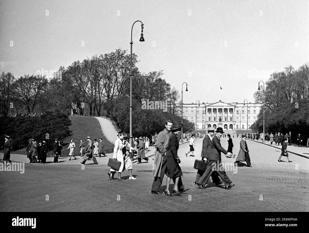 Oslo circa 1935 "persone in ufficio in viaggio verso il loro lavoro". Vita di strada da Karl Johans gate a Slottsparken. Il castello sullo sfondo. Donne e uomini in abiti tipici nel processo di attraversamento della strada. Foto: NTB / NTB Foto Stock