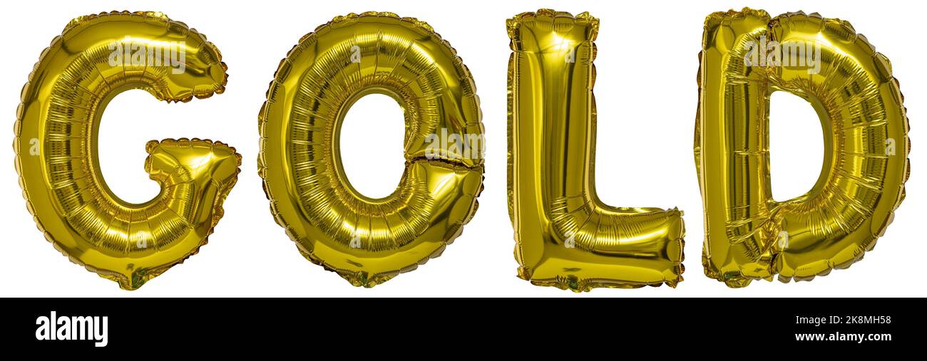 scritta in oro con palloncini metallici. isolata su bianco Foto Stock