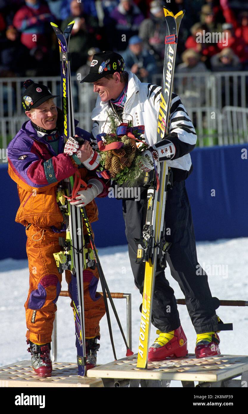 Hafjell 19940223. Le Olimpiadi invernali a Lillehammer Alpine - Stork Slam, Men. Vincitore Markus Wasmeier, Ger (t.H.) e vincitore d'argento Urs Kälin, sui. Foto: Pål Hansen / NTB Foto Stock