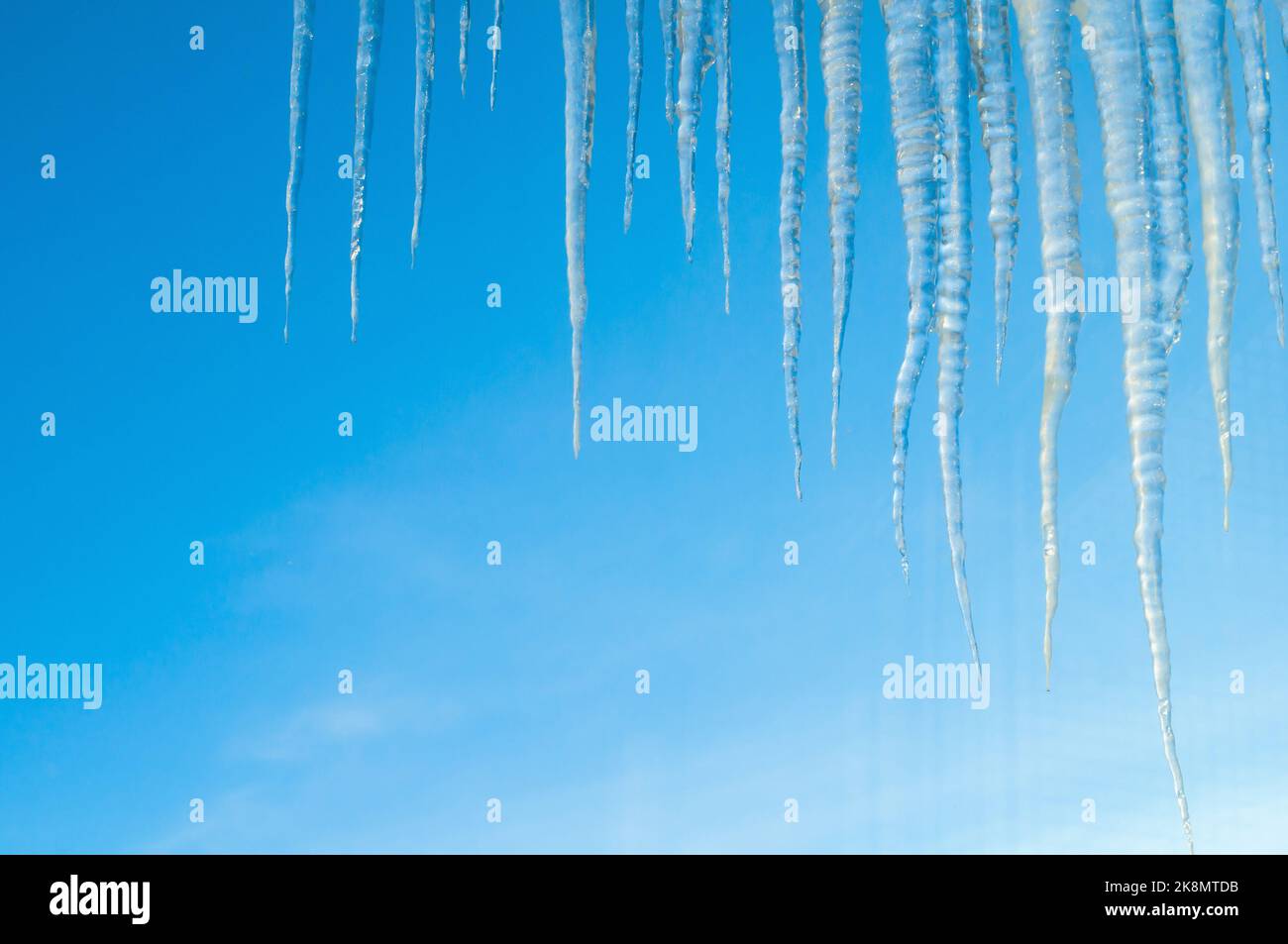Paesaggio invernale, lungo ghiaccioli sul tetto sul baclground del cielo blu, lungo ghiaccioli naturali, sfondo invernale Foto Stock