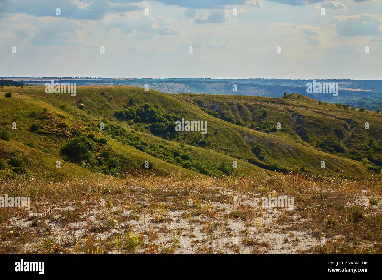 Gesso montagne in una giornata di sole, area protetta vicino Svyatogorsk, Ucraina. Foto Stock