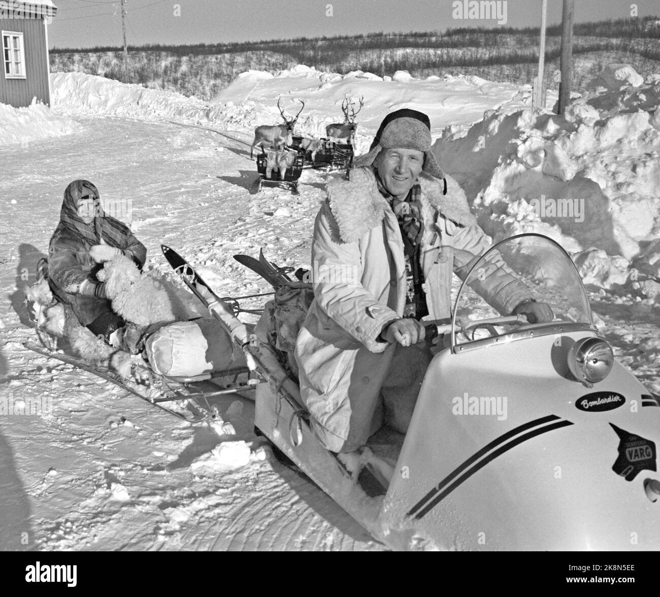 Finnmark 19650410 Caught by Finnmarksvidda - una delle notizie di viaggio di quest'anno sono i viaggi invernali a Finnmarksvidda. Anche senza il sole di mezzanotte, la regione ha molto da offrire ai turisti: Incontro con Sami e renne, magnifico sci e splendidi paesaggi. E 'Bennett Reiseburå che organizza i viaggi a nord. I biglietti ad un prezzo di NOK. 1295,- per un viaggio di 9 giorni, tutto incuded, è stato strappato via. Qui: Motoslitta Bombardier, Verg. Renna sullo sfondo. Foto: Aage Storløkken / corrente / NTB Foto Stock