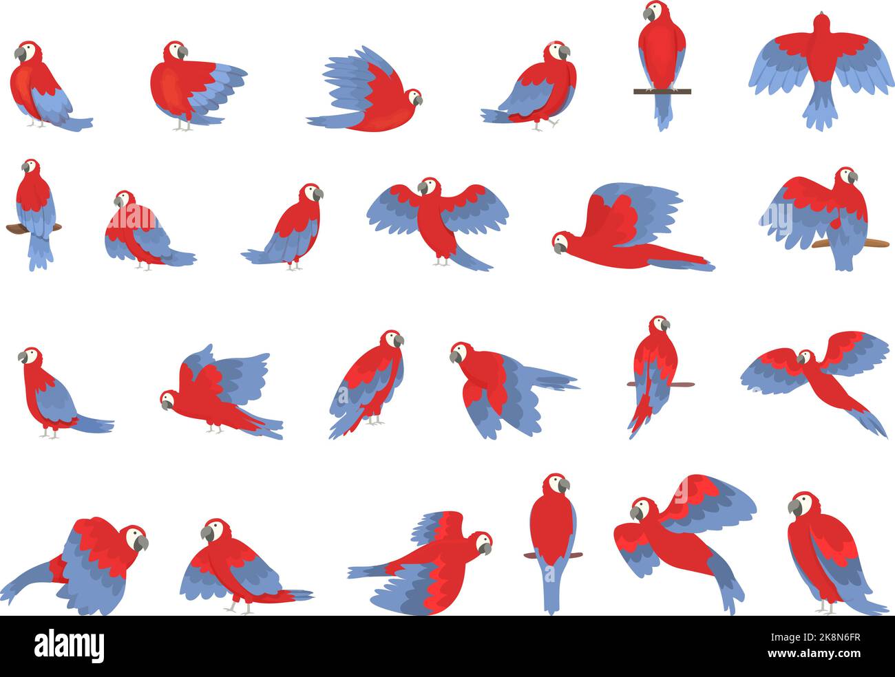 Le icone di Macaw impostano il vettore dei cartoni animati. Pappagallo del mosca. Uccello tropicale Illustrazione Vettoriale