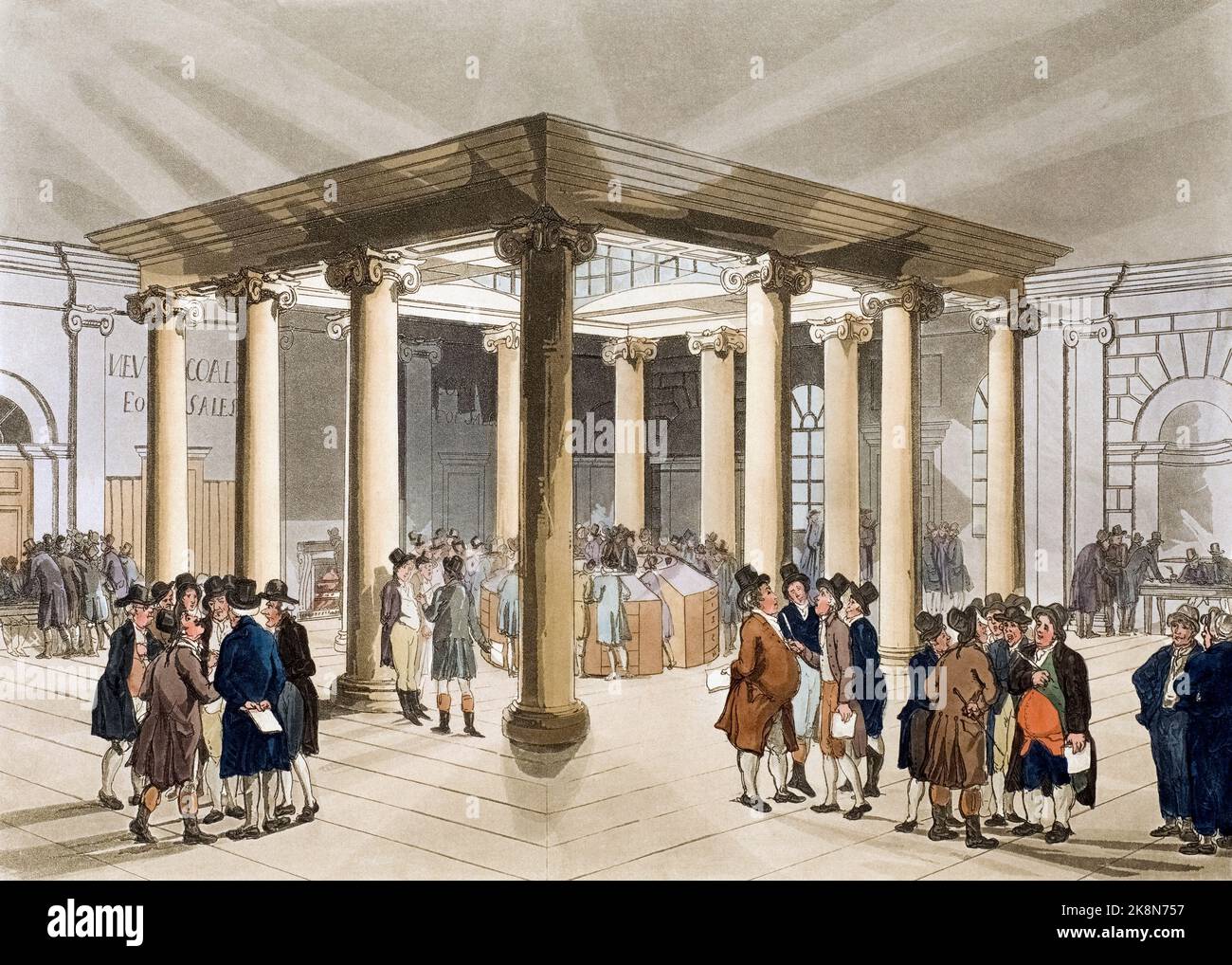 Scambio di carbone. Circa 1808. Dopo un lavoro di August Pugin e Thomas Rowlandson nel microcosmo di Londra, pubblicato in tre volumi tra il 1808 e il 1810 da Rudolph Ackermann. Pugin era l'artista responsabile degli elementi architettonici nelle immagini del microcosmo; Thomas Rowlandson fu assunto per aggiungere le figure umane vivaci. Foto Stock Scambio di carbone. Circa 1808. Dopo un lavoro di August Pugin e Thomas Rowlandson nel microcosmo di Londra, pubblicato in tre volumi tra il 1808 e il 1810 da Rudolph Ackermann. Pugin era l'artista responsabile degli elementi architettonici nelle immagini del microcosmo; Thomas Rowlandson fu assunto per aggiungere le figure umane vivaci. Foto Stock