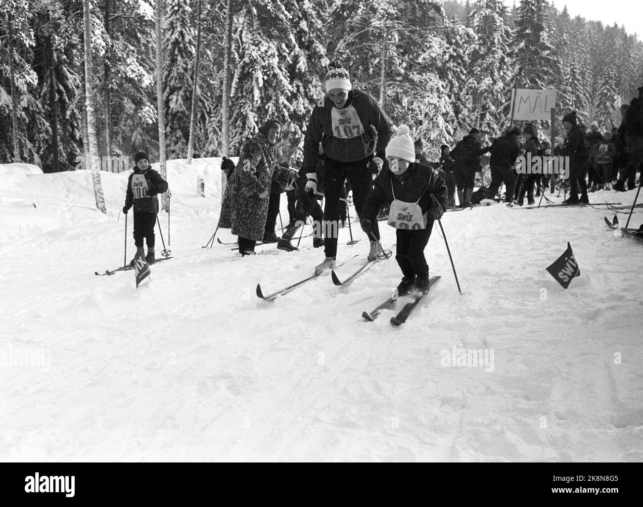 Oslo 21 gennaio 1967. I corridori di sci del mondo deciso -elite si sono presentati alla linea di partenza quando una cooperativa di alloggi alla periferia di Oslo ha organizzato piste per i più giovani - in collaborazione con la rivista fotografica corrente. Ecco il grande sensazionale uomo di oggi, Morten Aaserud, di cinque anni. Contro Gjermund Eggen aveva un tempo intermedio che aveva fatto bloccare gli occhi alla gente, e quando anche Gjermund aveva una caduta nel sentiero, nessuno aveva pensato; Morten ha vinto! Lo scivolo era buono e le forze si tenevano in abbondanza. Foto: Ivar Aaserud / corrente / NTB Foto Stock