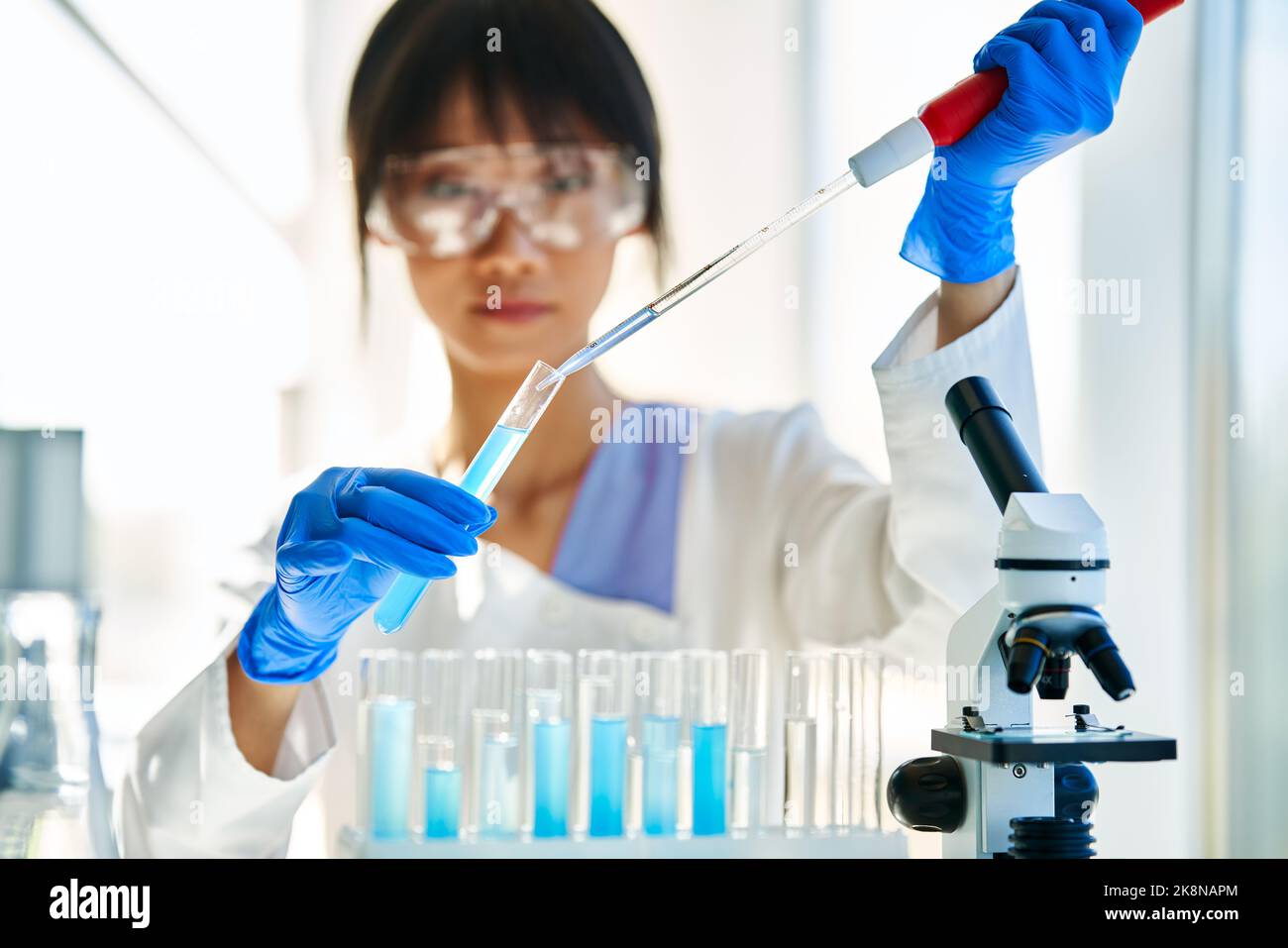 Scienziato femminile che effettua ricerche microbiologiche utilizzando pipette, fiasche e provette in moderni laboratori chimici. Medicina, concetto di biotecnologia Foto Stock