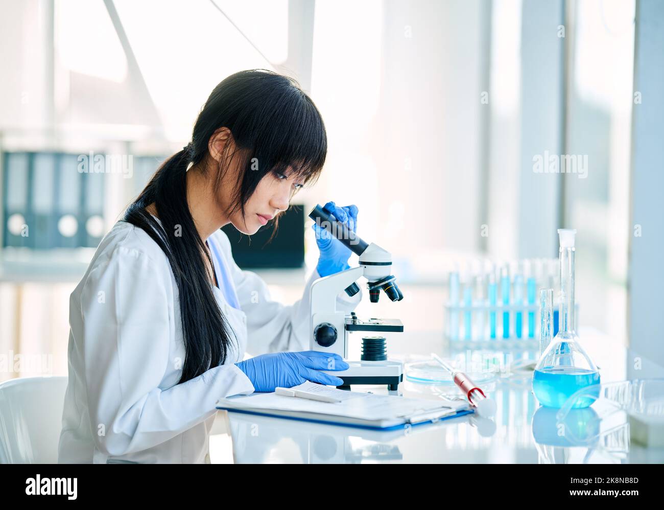 Bella scienziata femminile analisi vetrini per microscopio lavorando in moderno laboratorio di scienza. Concetto di chimica, Medicina, Biotecnologia Foto Stock