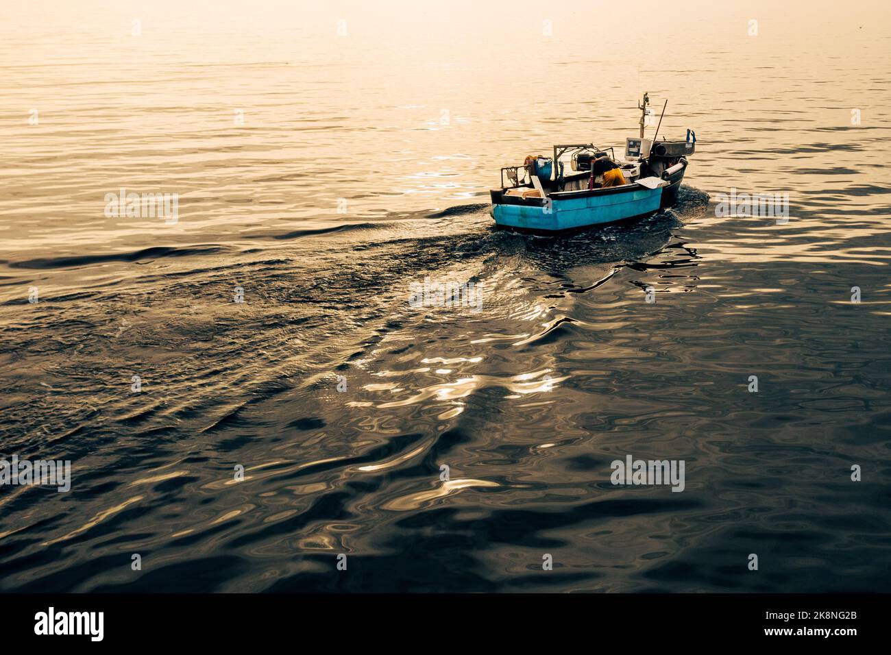 Un pescatore della Cornovaglia che naviga in acque calme in una tradizionale barca da pesca sulla strada per catturare granchi e aragoste sulla costa della Cornovaglia Foto Stock