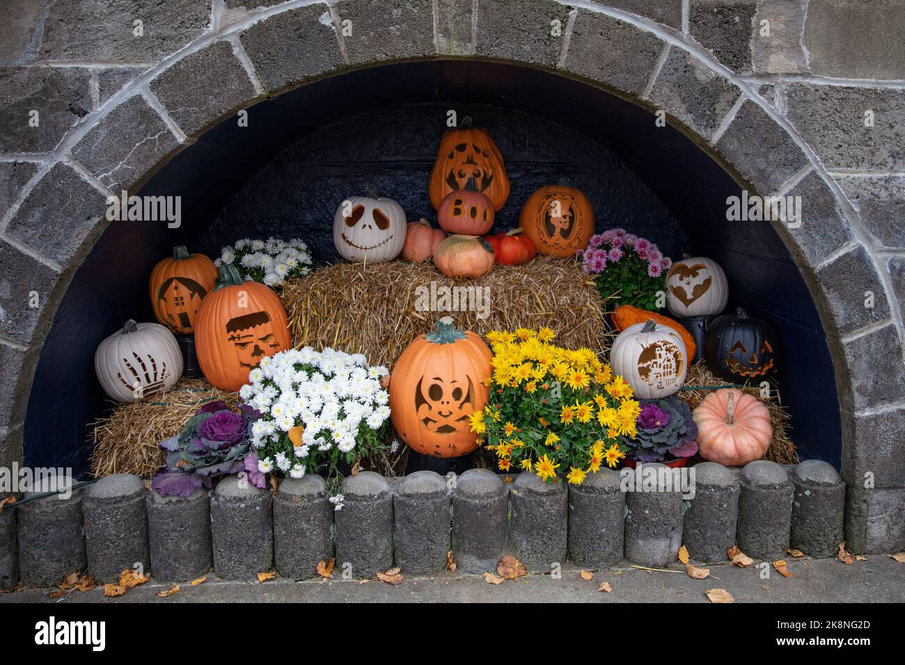 Zucche e decorazioni di Halloween a Naumkeag in Stockbridge Massachusetts Foto Stock