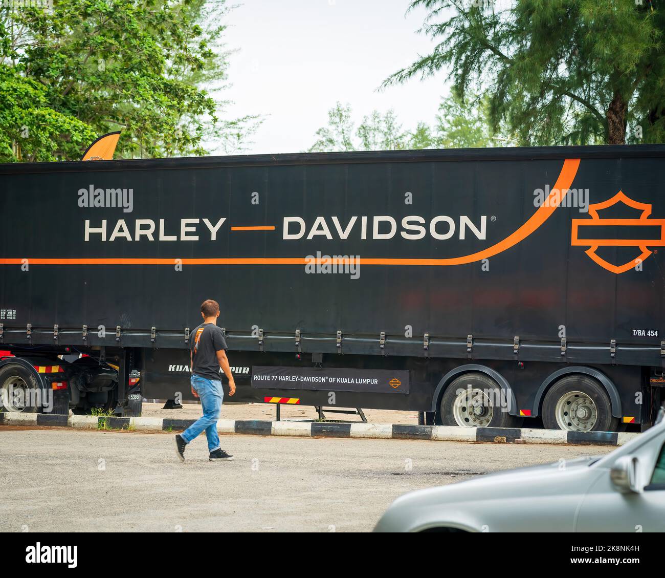 Il parcheggio per camion Harley-Davidson durante l'evento della settimana delle biciclette. Foto Stock
