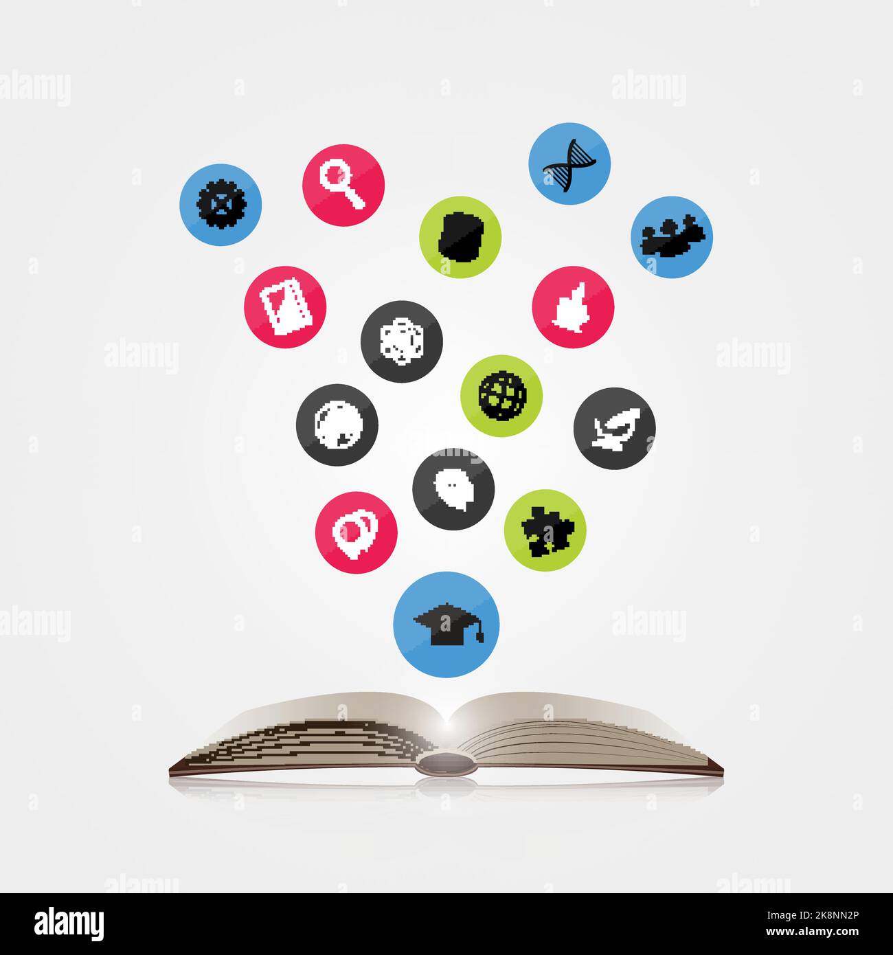 Apri il libro con una serie di icone. Concetto di istruzione. Illustrazione vettoriale Illustrazione Vettoriale