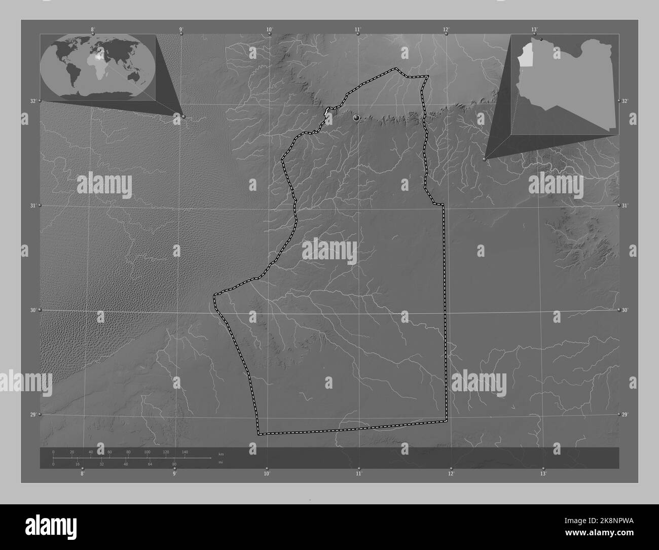 Nalut, distretto della Libia. Mappa in scala di grigi con laghi e fiumi. Mappe delle posizioni ausiliarie degli angoli Foto Stock