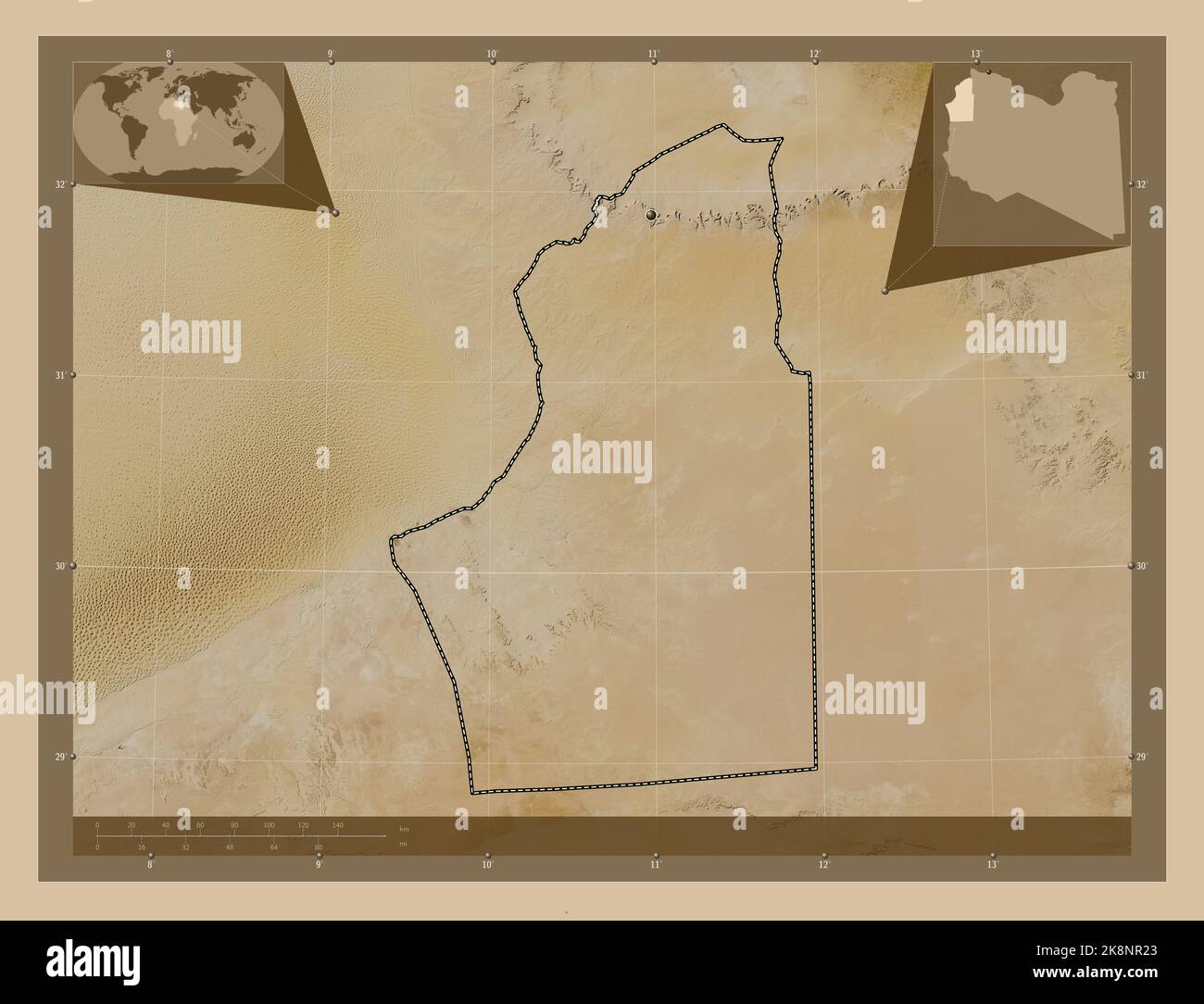 Nalut, distretto della Libia. Mappa satellitare a bassa risoluzione. Mappe delle posizioni ausiliarie degli angoli Foto Stock