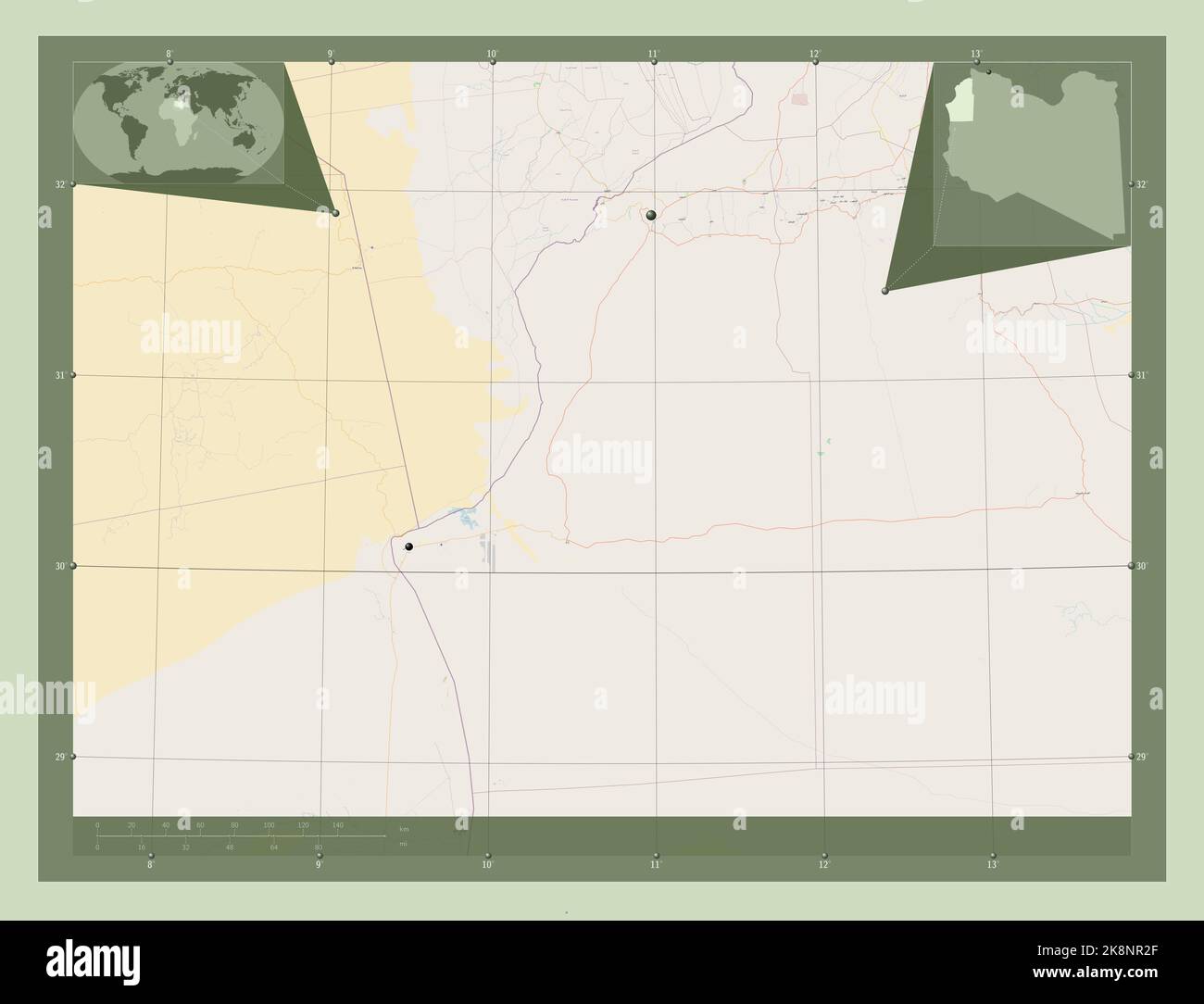 Nalut, distretto della Libia. Aprire la mappa stradale. Posizioni delle principali città della regione. Mappe delle posizioni ausiliarie degli angoli Foto Stock