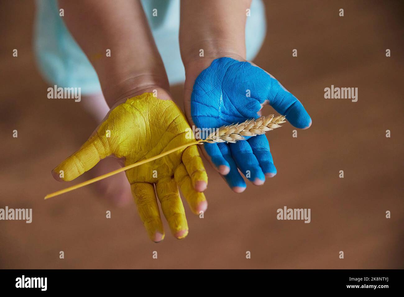 Un bambino carino ha dipinto le mani nei colori della bandiera Ucraina Foto Stock