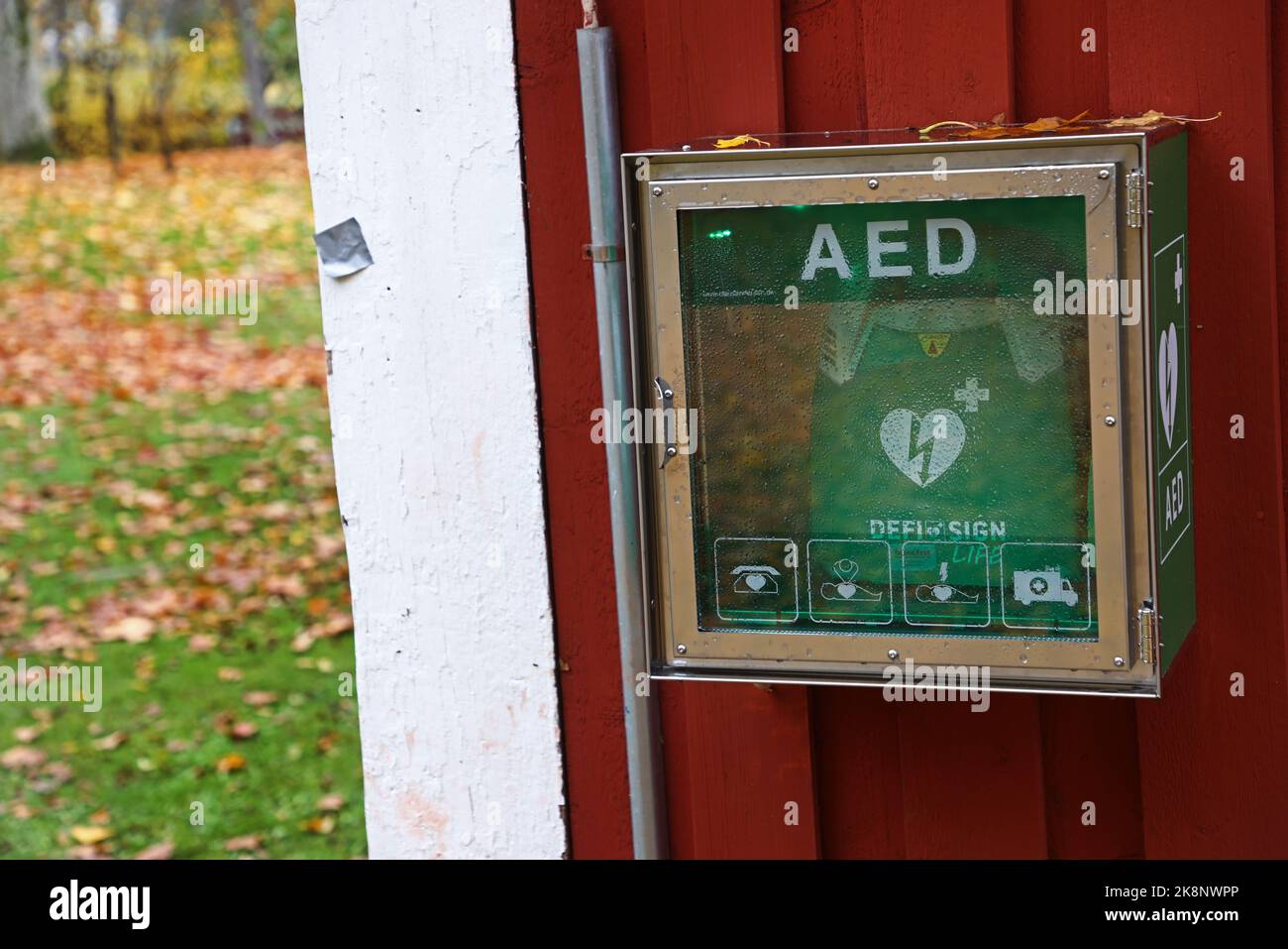 Un defibrillatore automatico esterno in un parco. Un defibrillatore semiautomatico esterno (AED) è un dispositivo elettronico portatile che diagnostica automaticamente le aritmie cardiache potenzialmente letali della fibrillazione ventricolare (VF) e della tachicardia ventricolare senza polso. Foto Stock