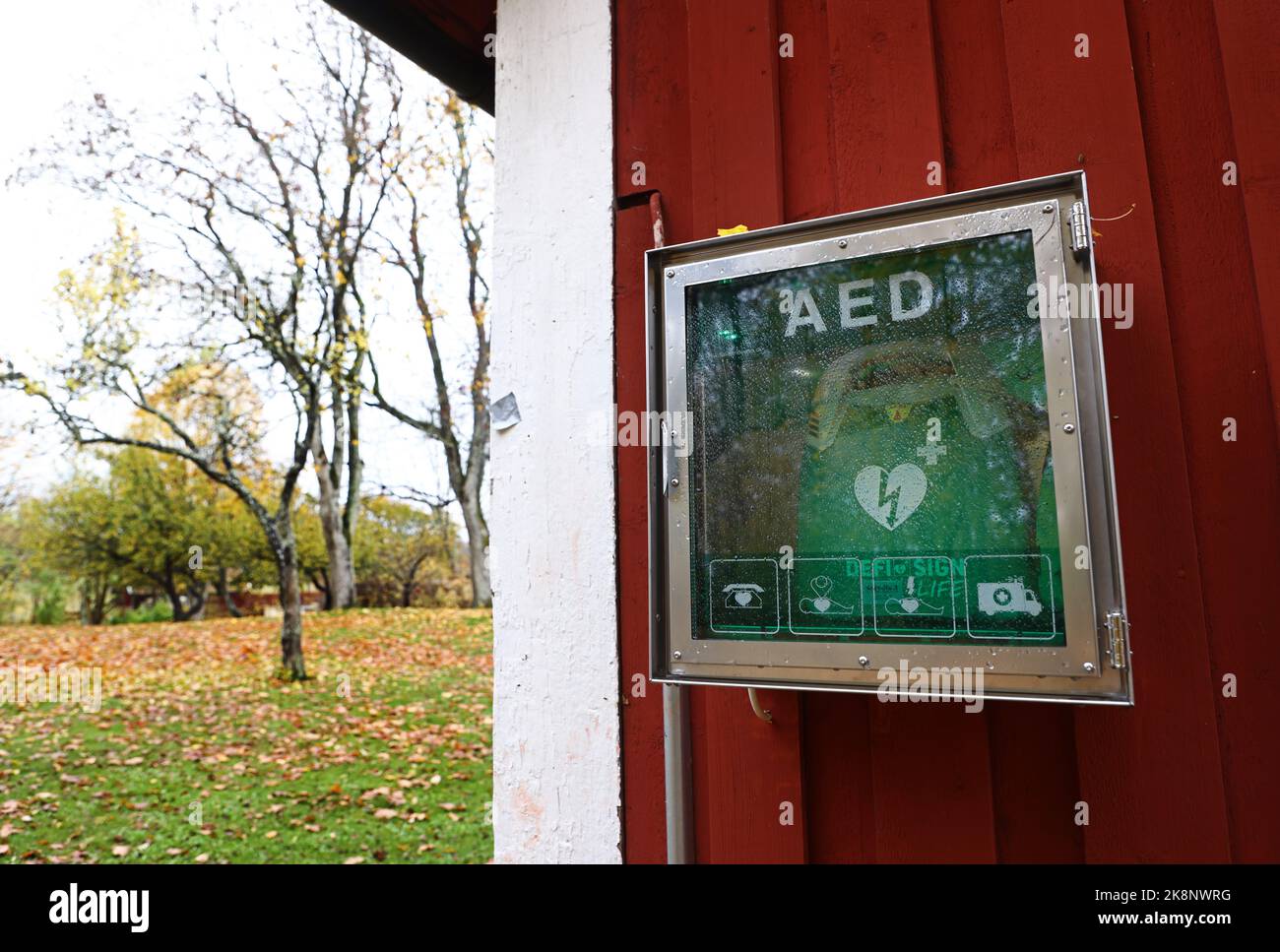 Un defibrillatore automatico esterno in un parco. Un defibrillatore semiautomatico esterno (AED) è un dispositivo elettronico portatile che diagnostica automaticamente le aritmie cardiache potenzialmente letali della fibrillazione ventricolare (VF) e della tachicardia ventricolare senza polso. Foto Stock
