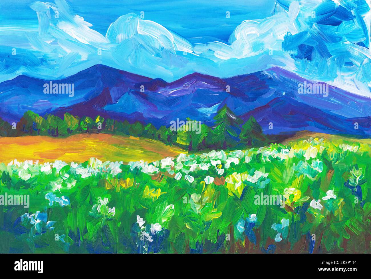 Astratto bello paesaggio estivo pittura. Montagne blu, campi verdi, fiori bianchi, cielo nuvoloso. Opere d'arte luminose. Foto Stock