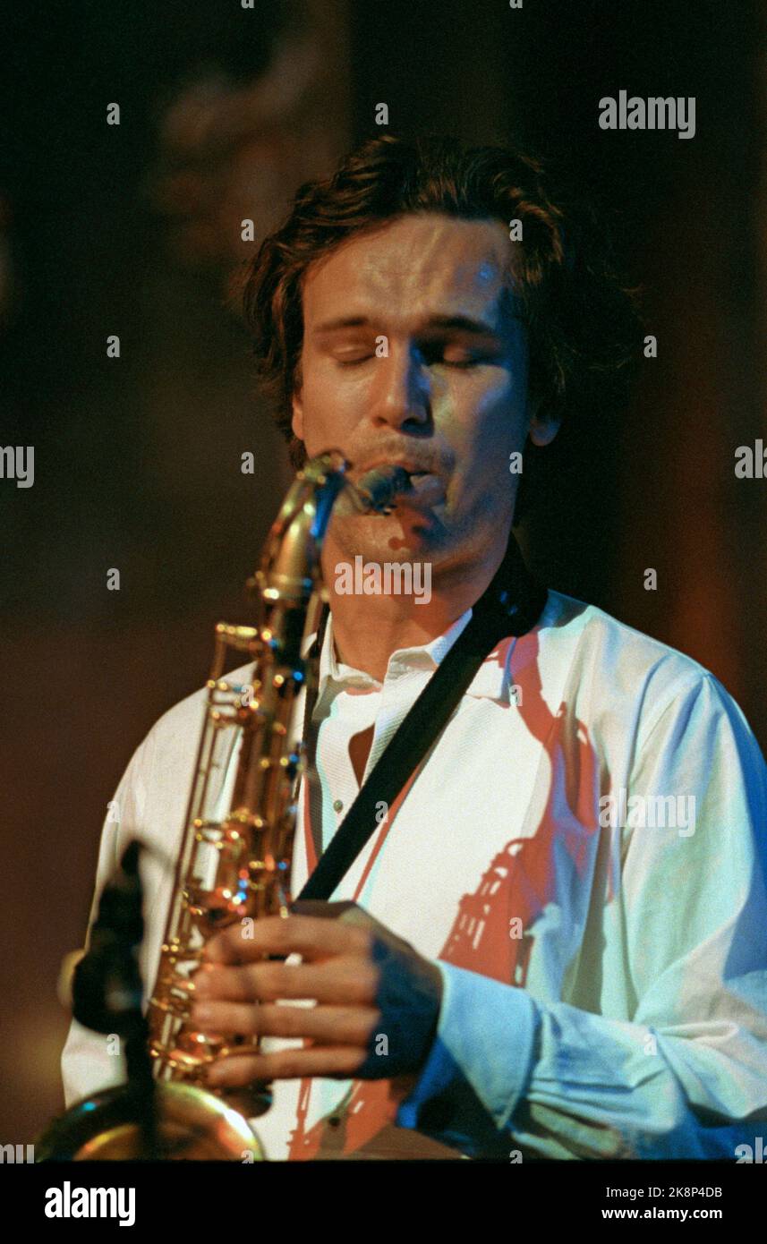 Kongsberg 19920704. Musicista jazz, sassofonista Bendik Hofseth, al palco durante un concerto al Kongsberg Jazz Festival. Foto Bjørn-owe Holmberg / NTB / NTB Foto Stock