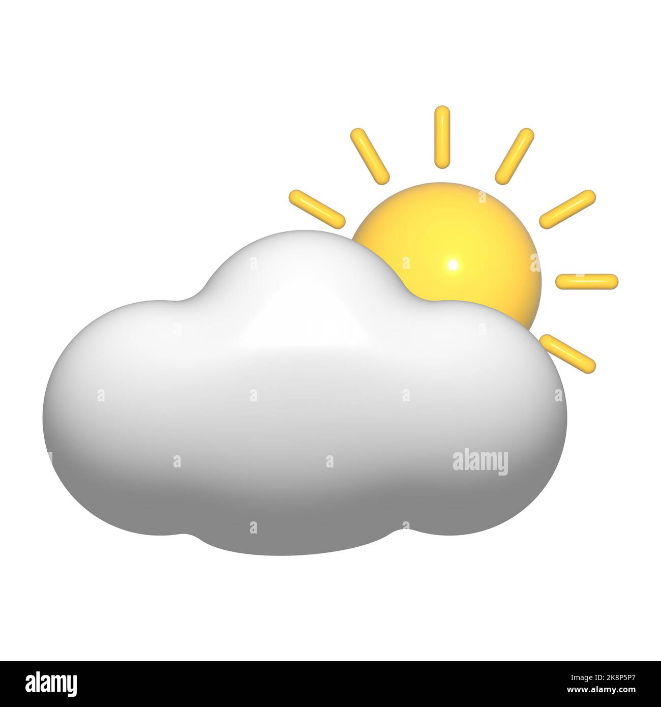 3D sole e nuvole icona bianca. 3d elemento meteorologico isolato su sfondo bianco. Concetto di clima - cartone animato di cotone morbido nuvola soffice. Render plastica sh Foto Stock