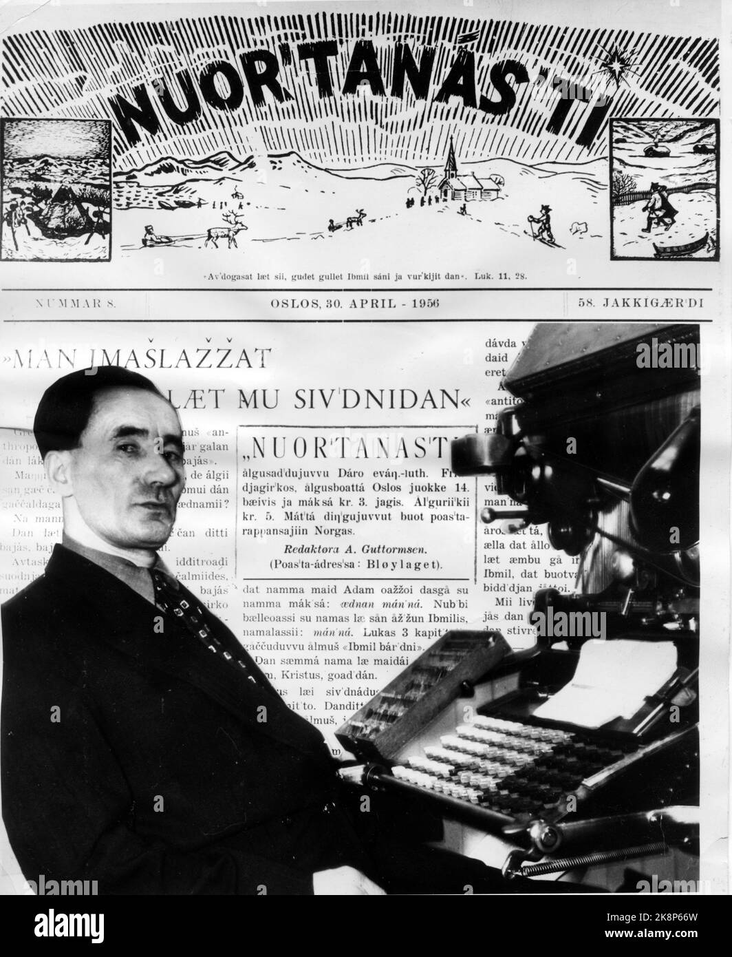 Tana, Finnmark 19560621. Sami Anders Guttormsen è un giornalista, editore e tipografo del giornale Sami 'Nuor Tanas'ti', che significa la Stella Orientale. Qui al setter di fronte ad una copia del giornale originale. Questo è l'unico giornale Sami al mondo. Dal 1 luglio 1956 si trasferisce a Sarpsborg e pubblicherà il giornale. Foto: NTB / NTB Foto Stock
