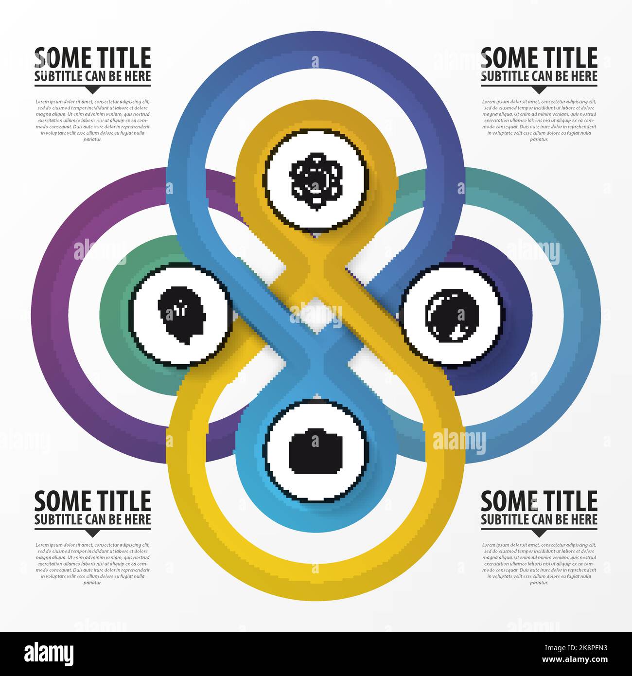 Concetto di design infografico. Quattro cerchi collegati. Illustrazione vettoriale Illustrazione Vettoriale