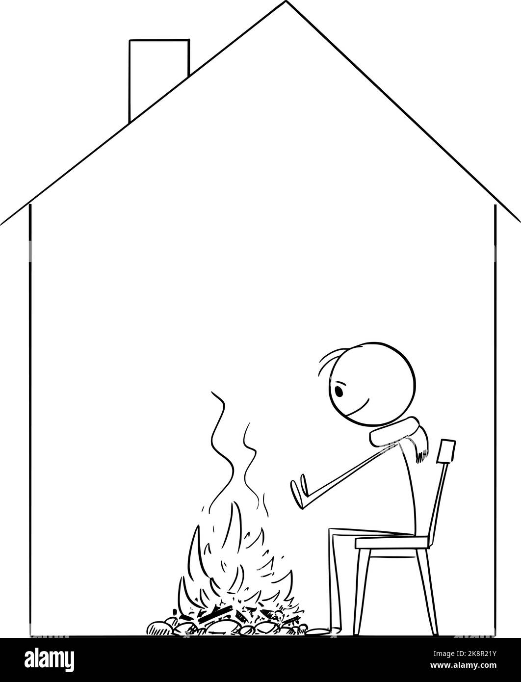 Persona seduta intorno a Campfire all'interno della Cold House durante la crisi energetica, Cartoon Vector Stick Figura Illustrazione Illustrazione Vettoriale