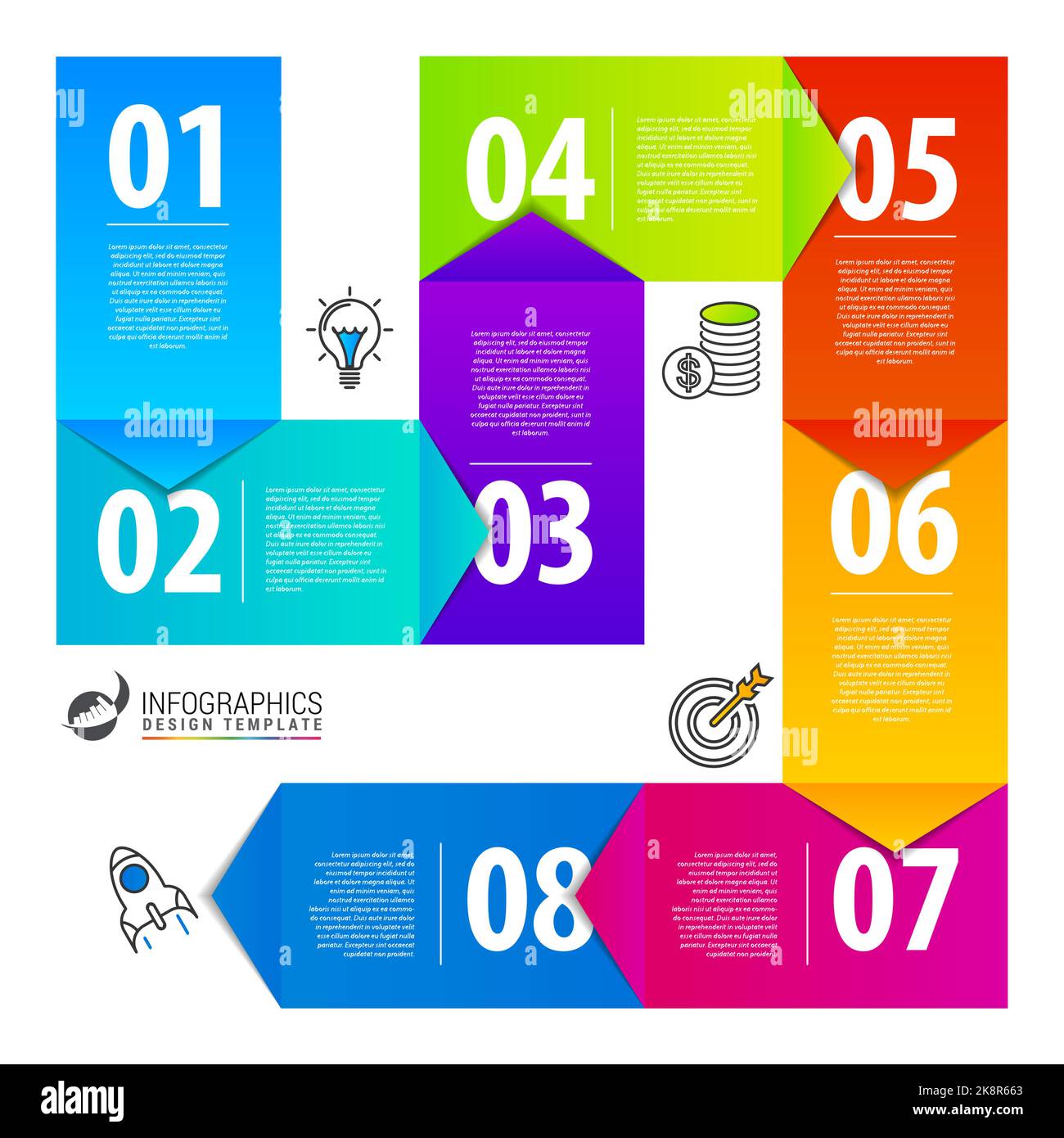 Modello di progettazione infografica in 8 fasi. Illustrazione vettoriale Illustrazione Vettoriale