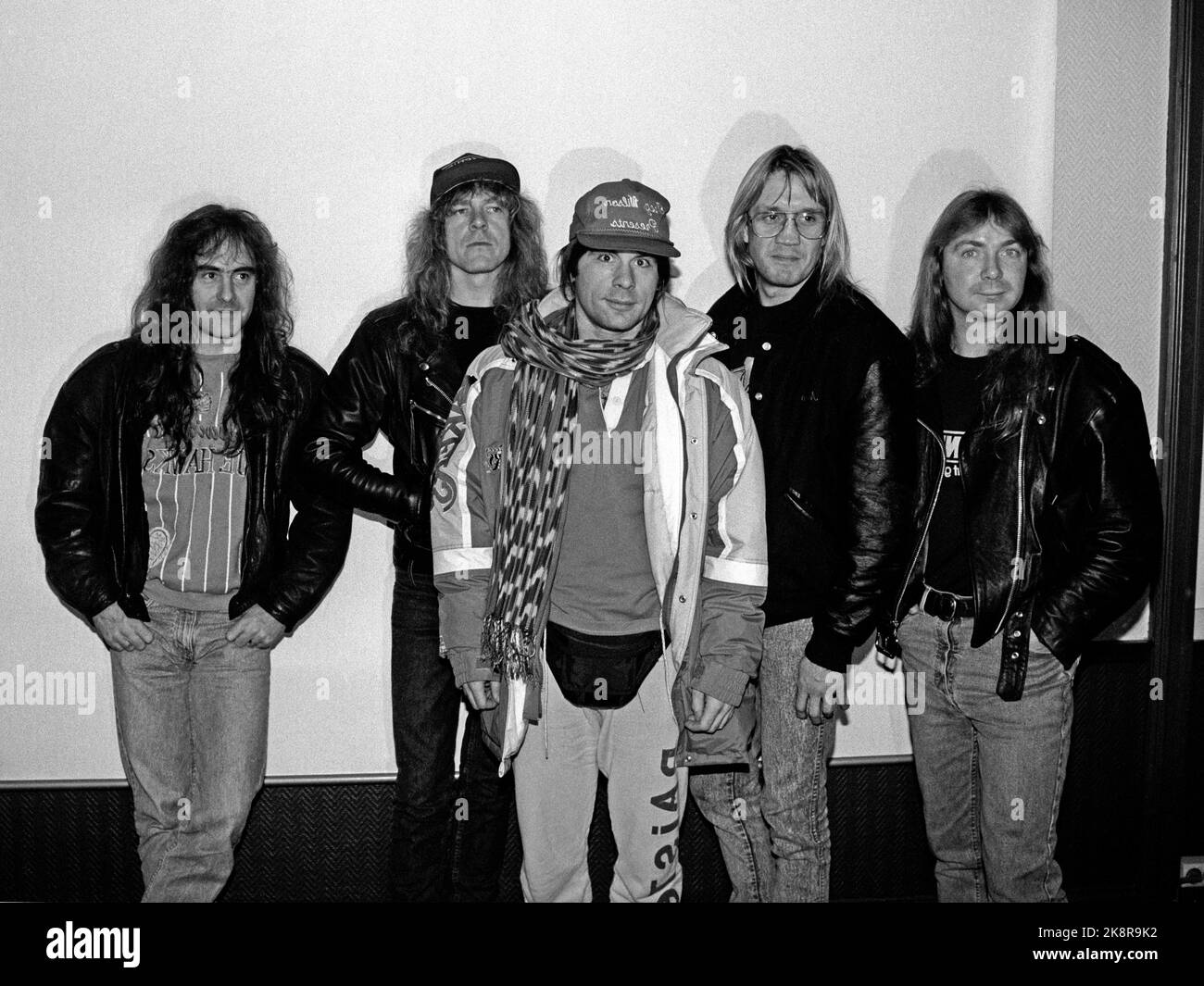Oslo 1990-11. Gruppo Heavy Metal Iron Maiden, foto di gruppo dalla conferenza stampa prima del concerto nel Drammeshallen. Foto Lise Åserud / NTB / NTB Foto Stock