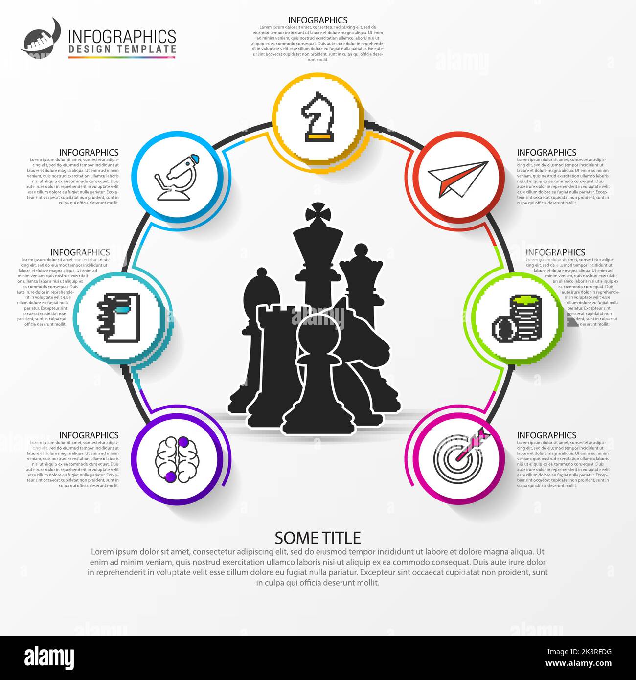 Modello di progettazione infografica. Concetto aziendale con 7 passaggi. Può essere utilizzato per il layout del flusso di lavoro, il diagramma, il banner, il webdesign. Illustrazione vettoriale Illustrazione Vettoriale