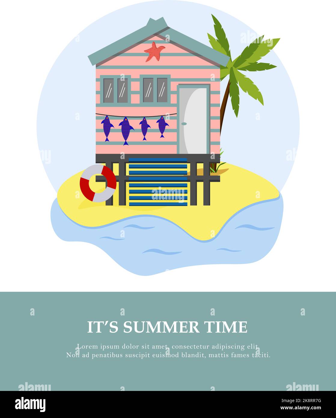 Cartolina con palme e bungalow sulla spiaggia. Modello di cartolina nautica. Disegno vettoriale. Caratteristiche per una vacanza al mare sull'oceano. Per l'uso nell'arredamento, Illustrazione Vettoriale